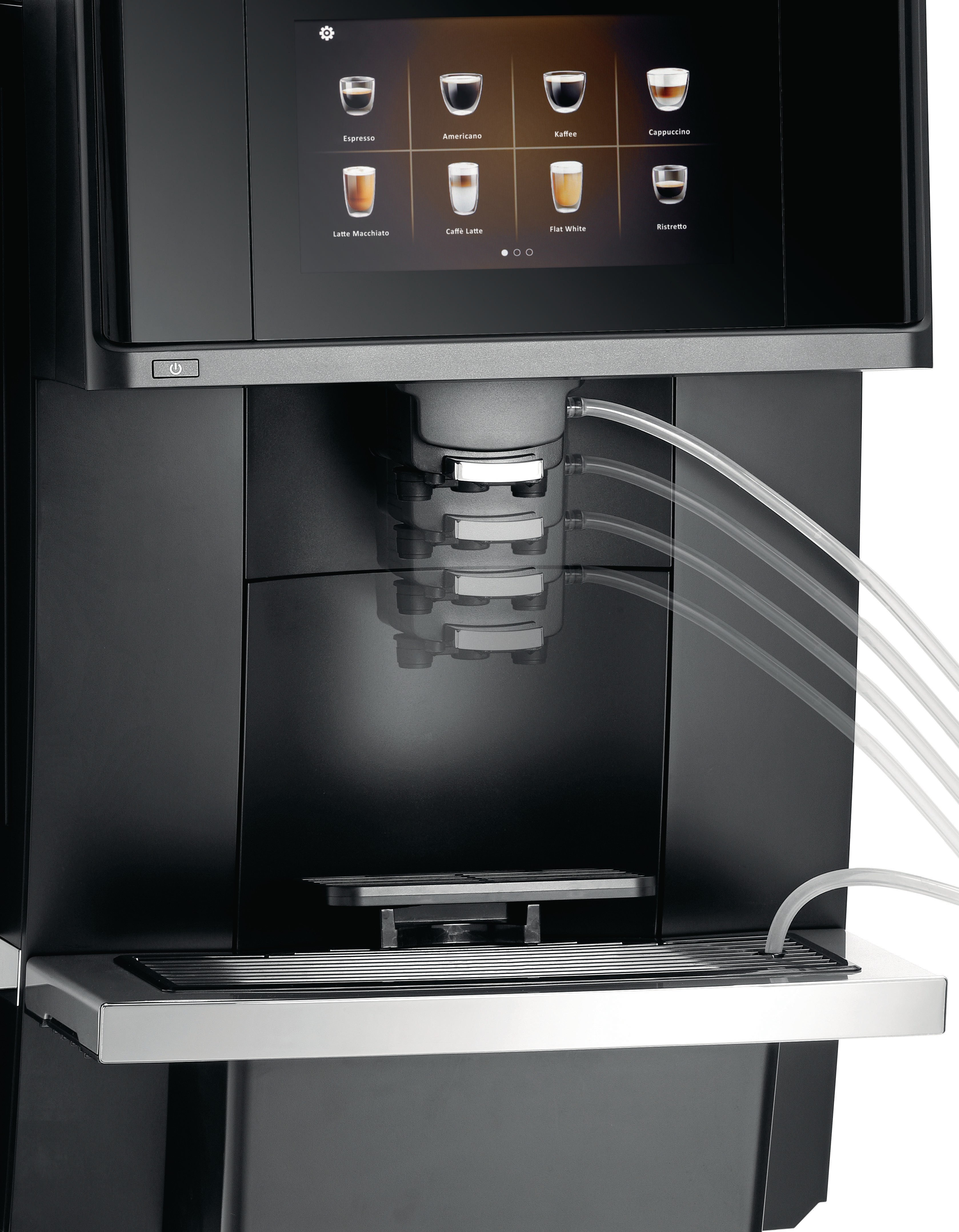 Ein schwarzer Kaffeeautomat mit Touchscreen, der verschiedene Kaffeegetränke anzeigt.