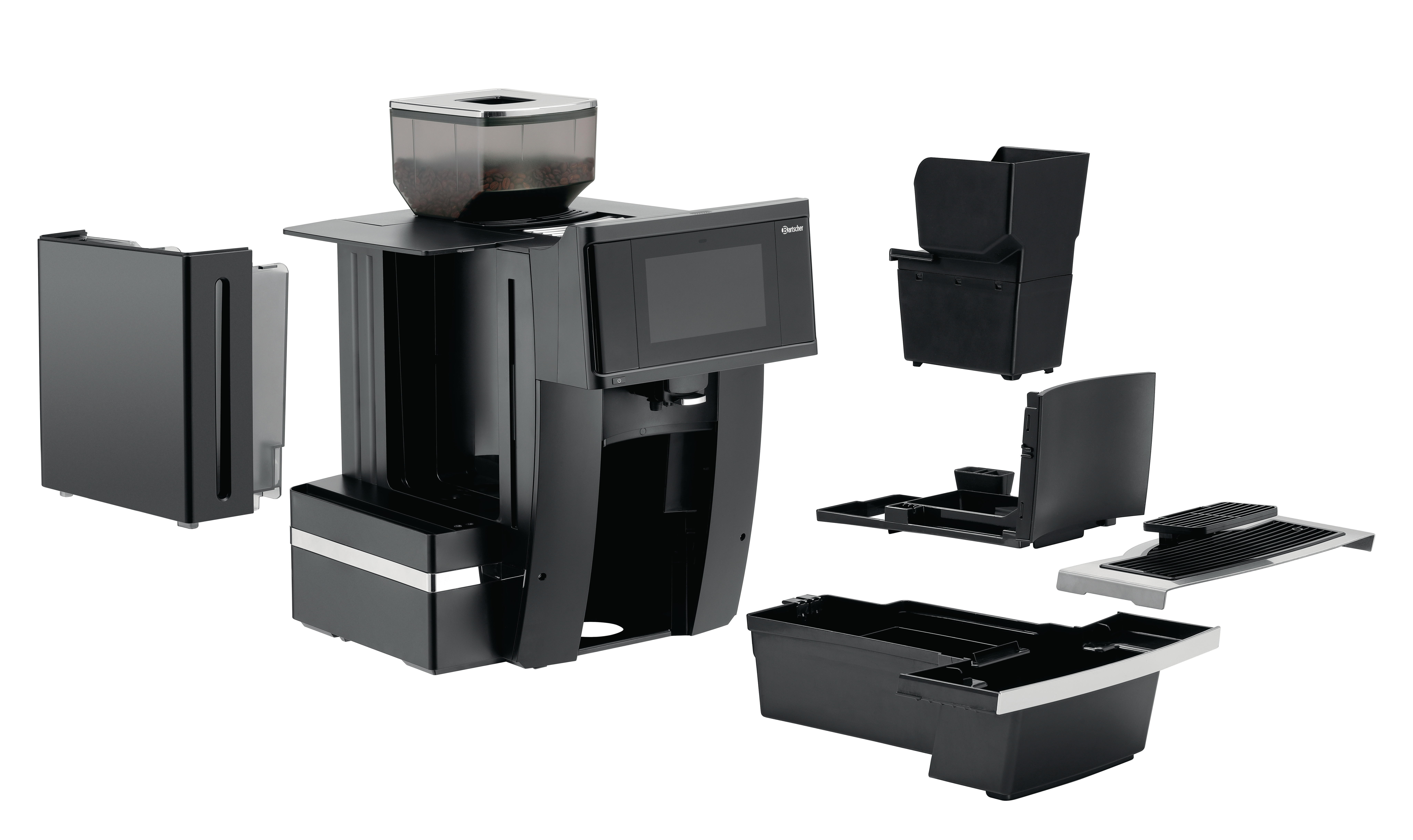 Schwarze Kaffeemaschine in Einzelteilen mit Bohnenbehälter und Tropfschale.