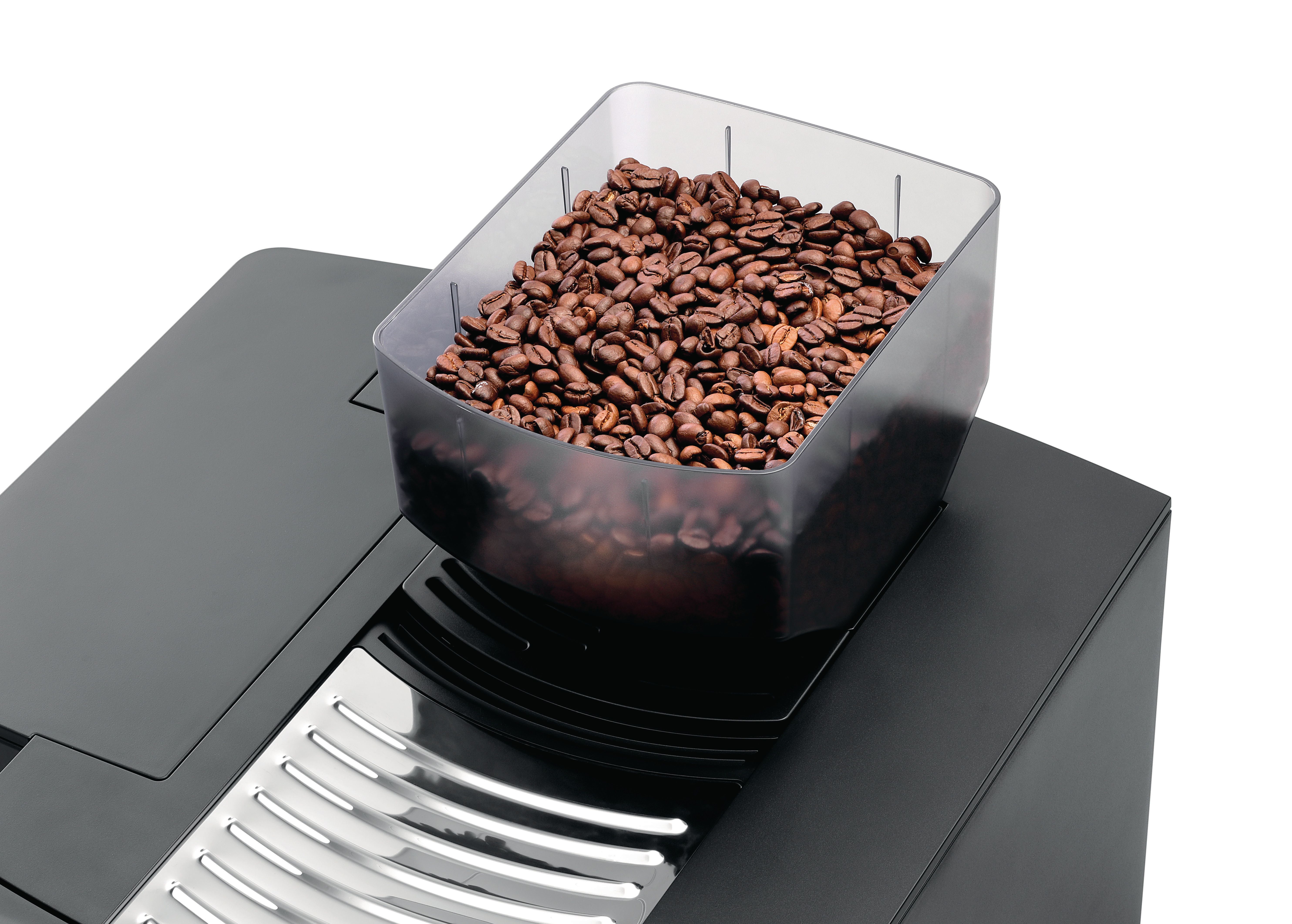 Ein transparenter Behälter voller Kaffeebohnen sitzt auf einer schwarzen Kaffeemaschine.