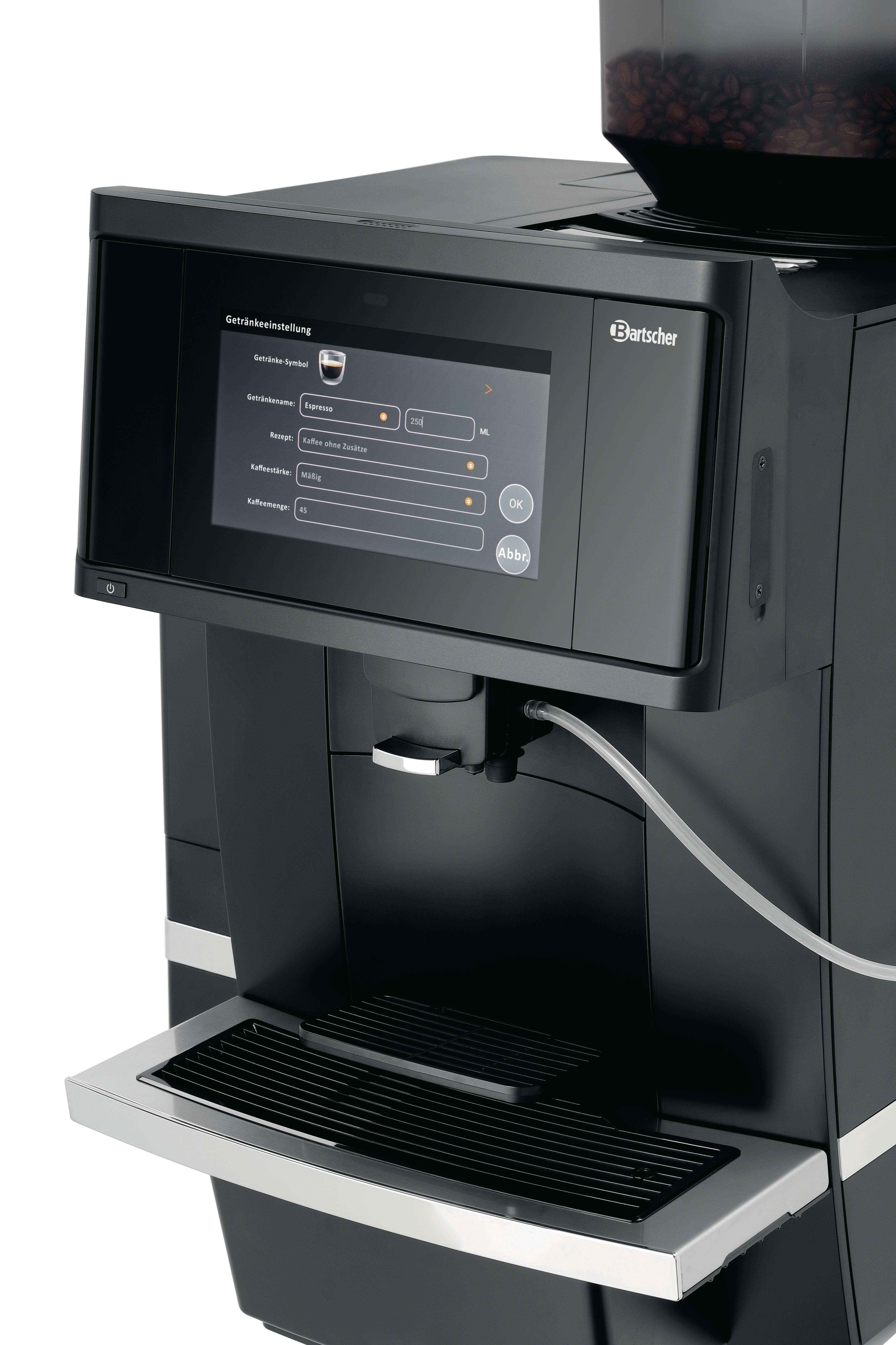 Eine schwarze Kaffeemaschine mit Touchscreen-Display, das eine Espresso-Einstellung zeigt.