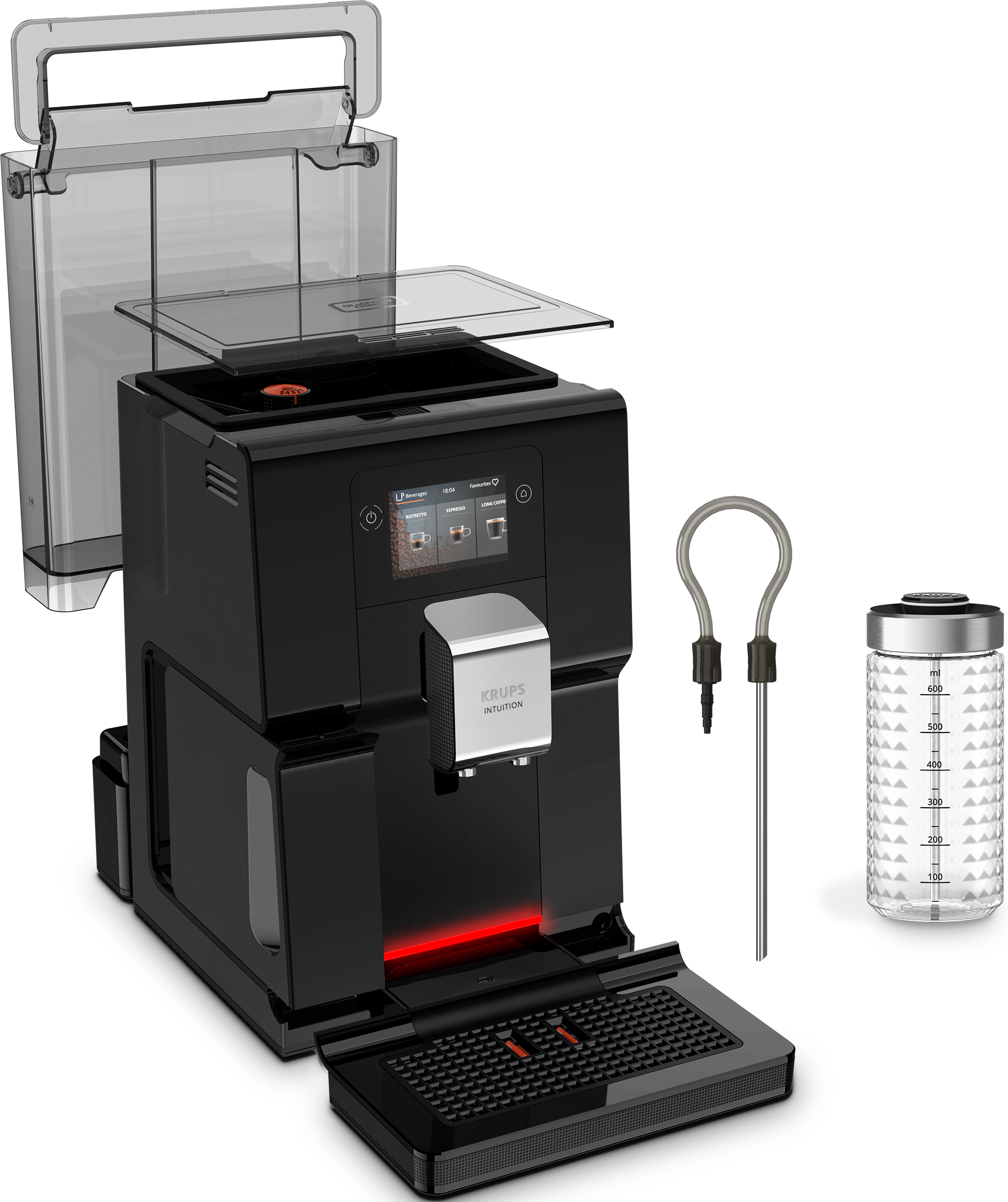 Macchina da caffè nera con accessori. Include serbatoio acqua e schiumatore latte.