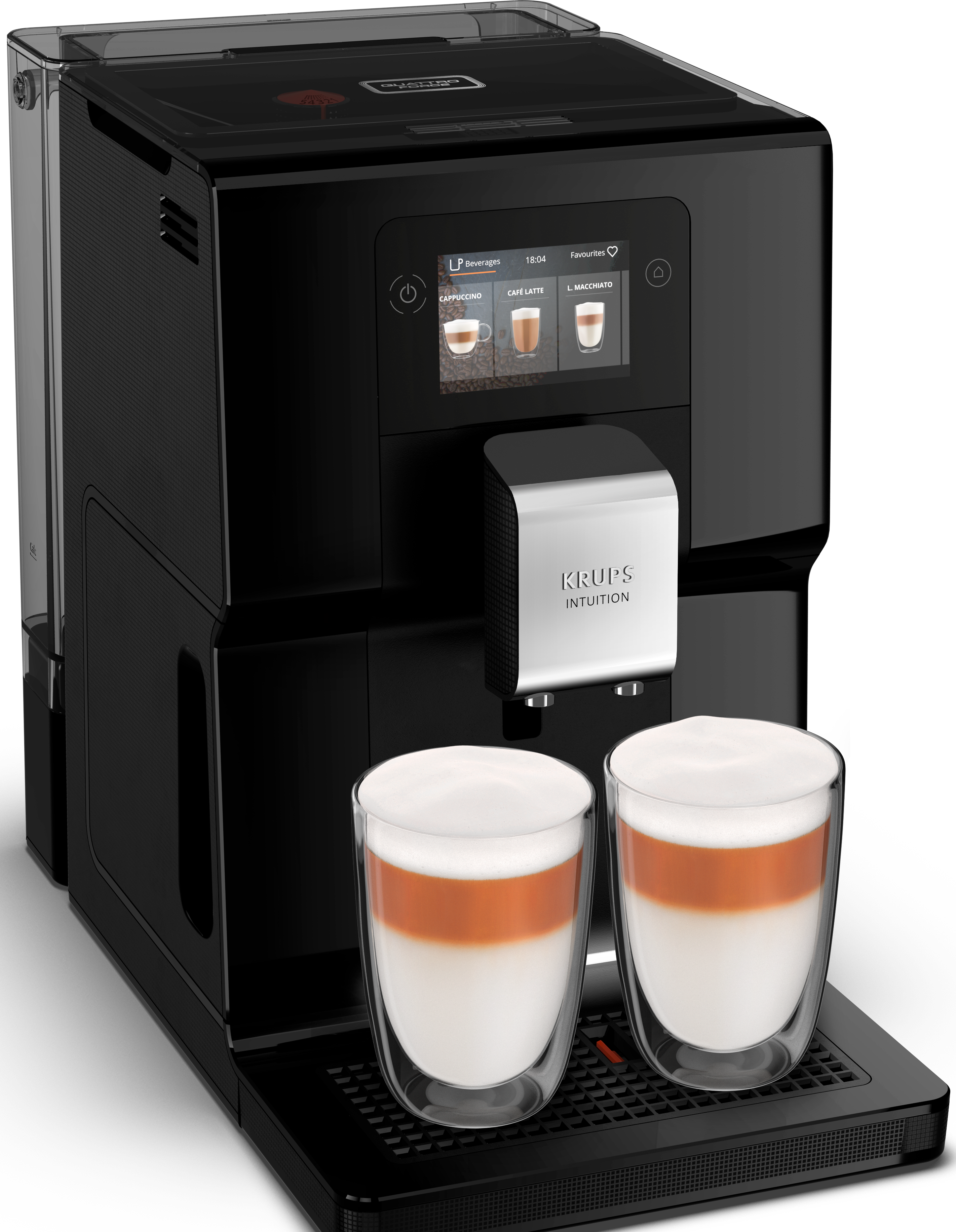 Macchina da caffè Krups Intuition nera con due tazze di latte macchiato.