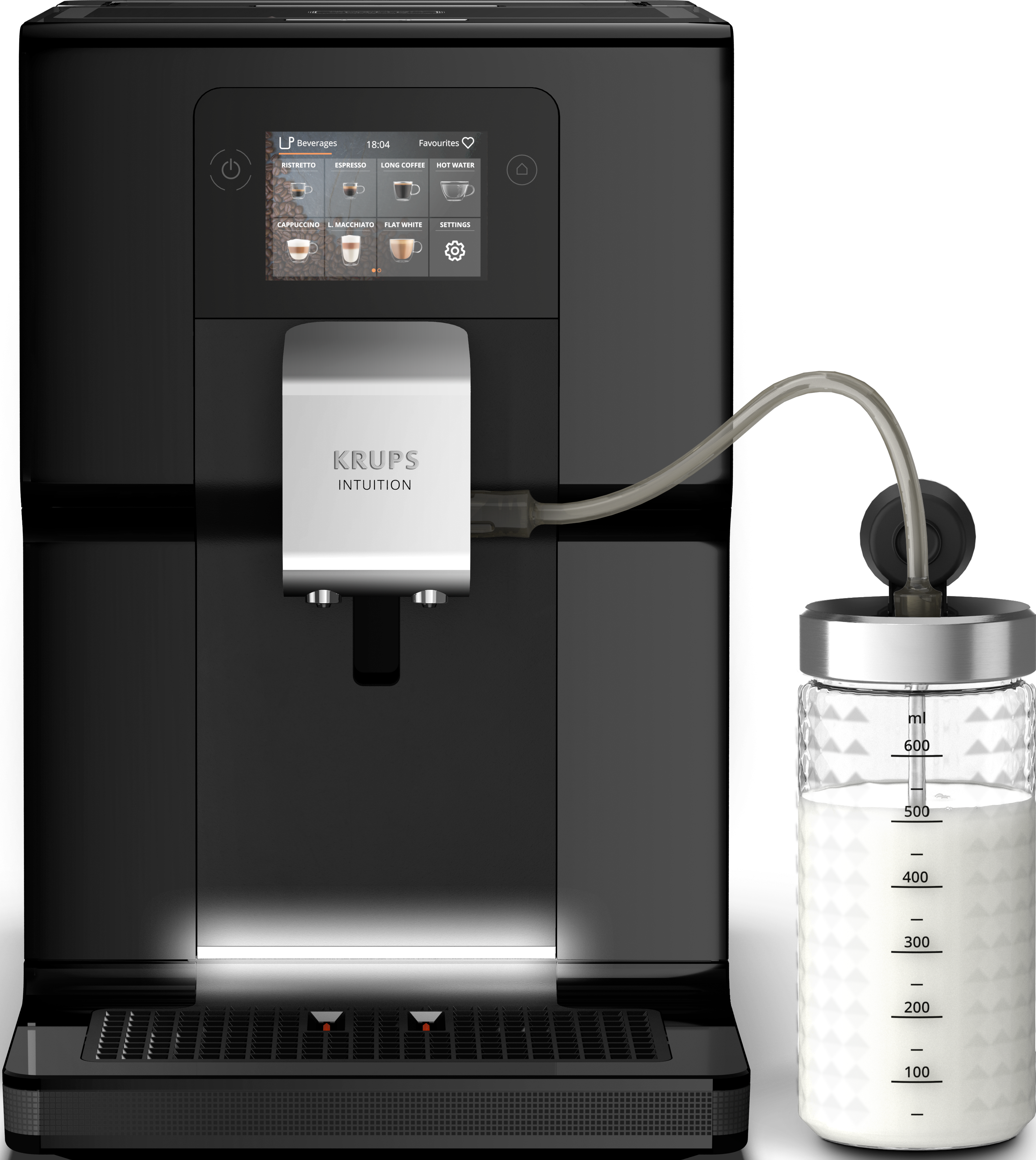 Macchina da caffè Krups nera con contenitore del latte e interfaccia touchscreen.