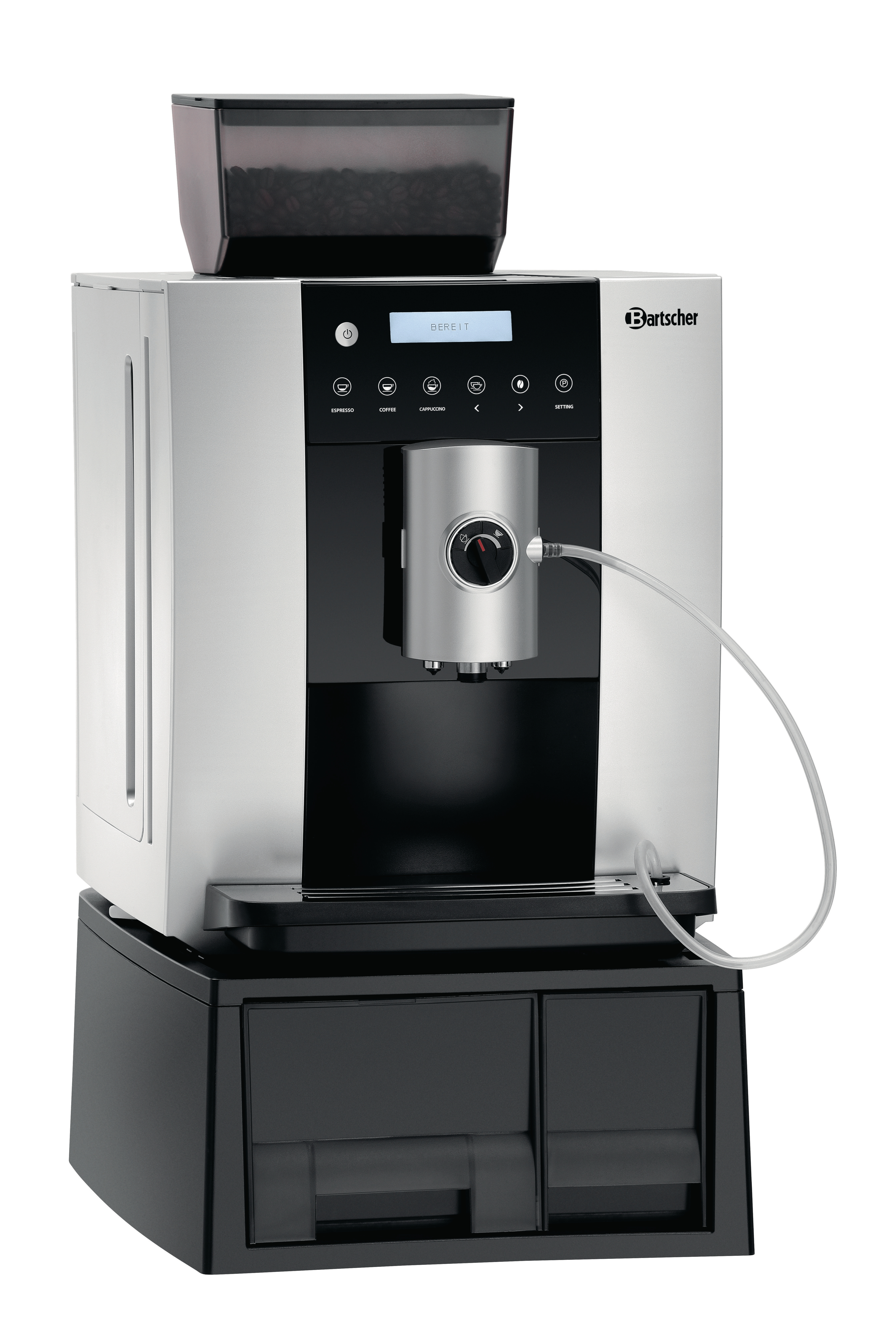 Eine silberne und schwarze Kaffeemaschine mit Text und Funktionen.