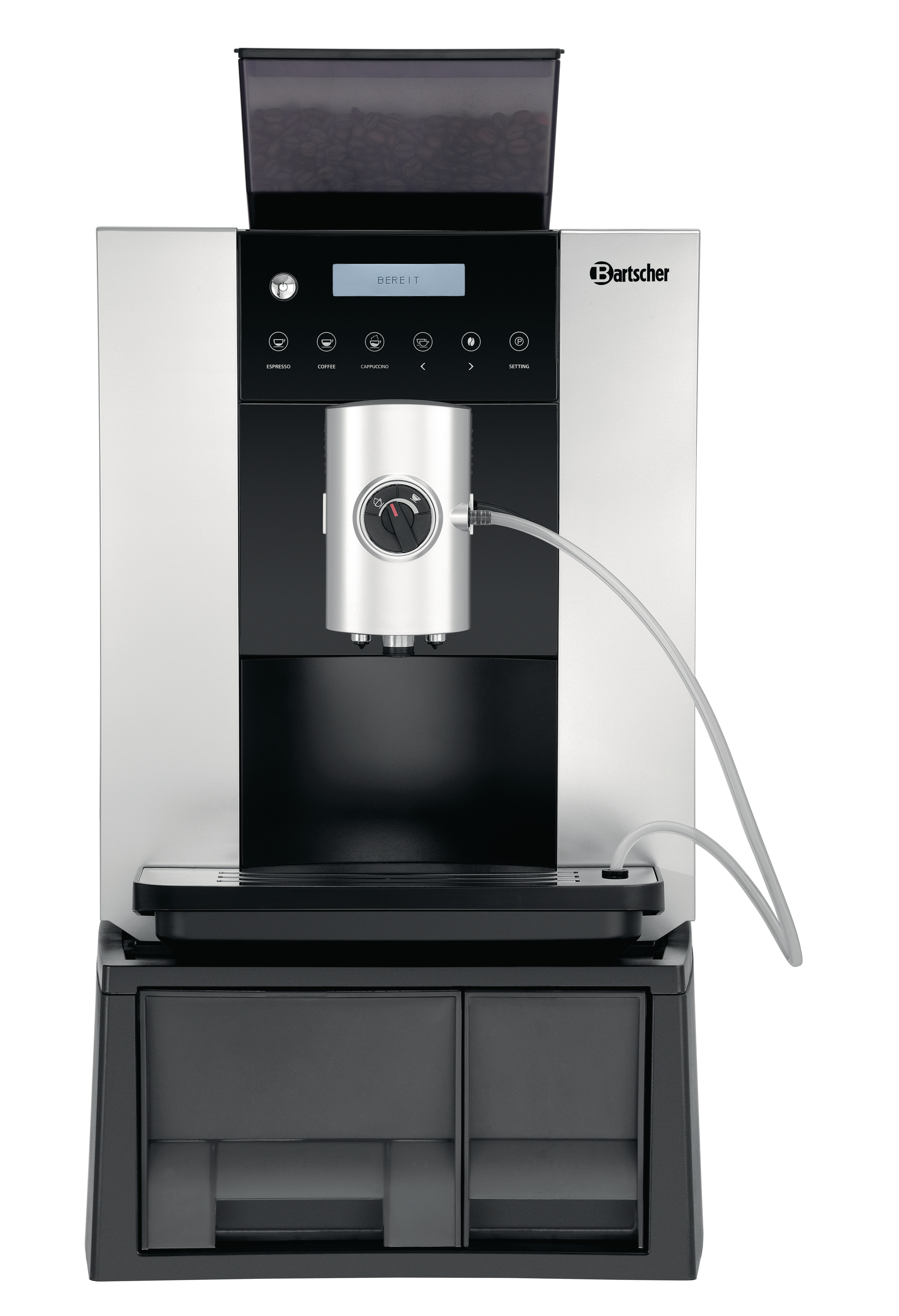 Eine silberne und schwarze Kaffeemaschine mit Bohnenbehälter oben, isoliert auf weißem Hintergrund.