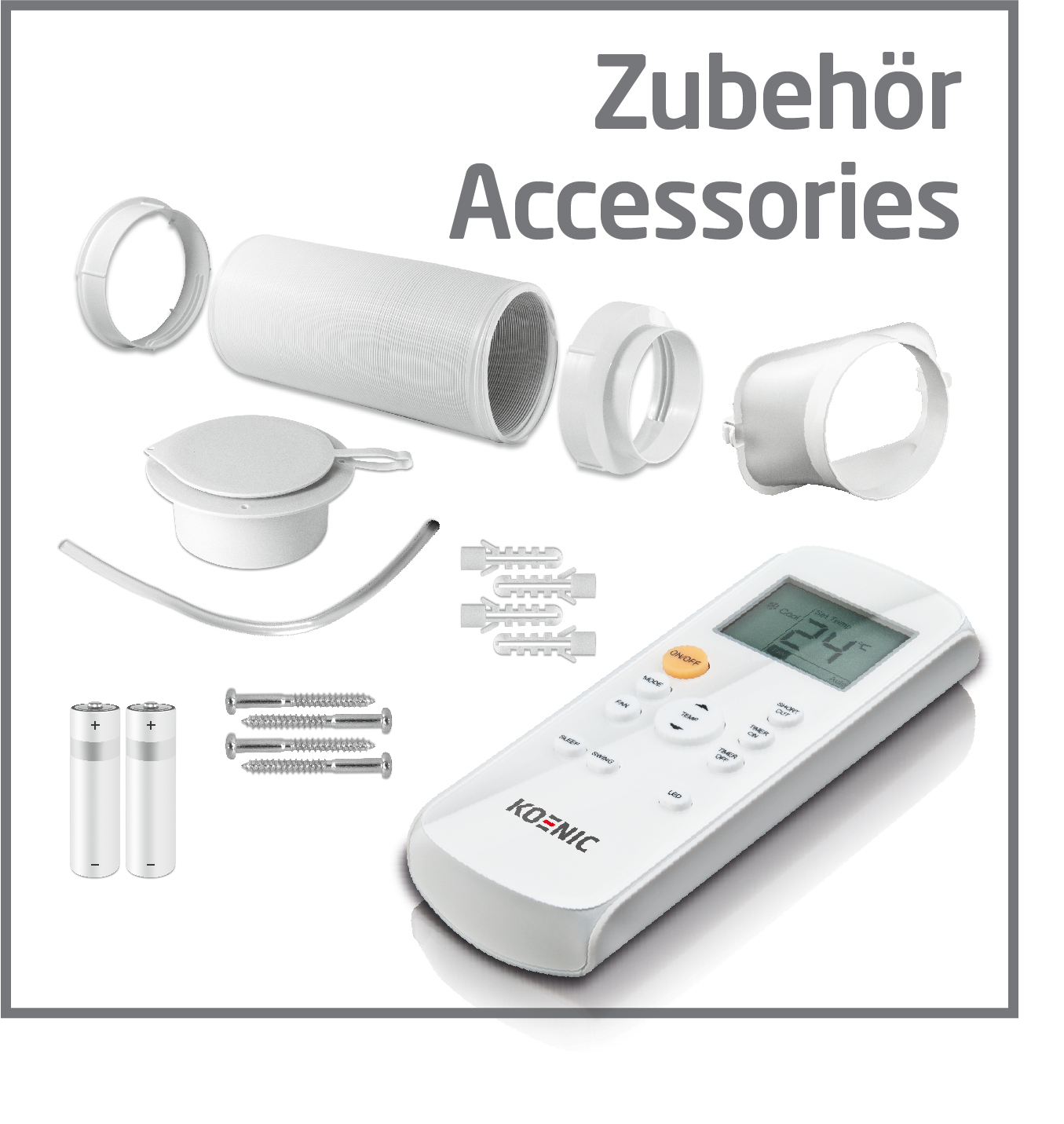 Accessoires pour la climatisation, dont une télécommande, des tubes et des connecteurs, disposés sur une surface blanche.