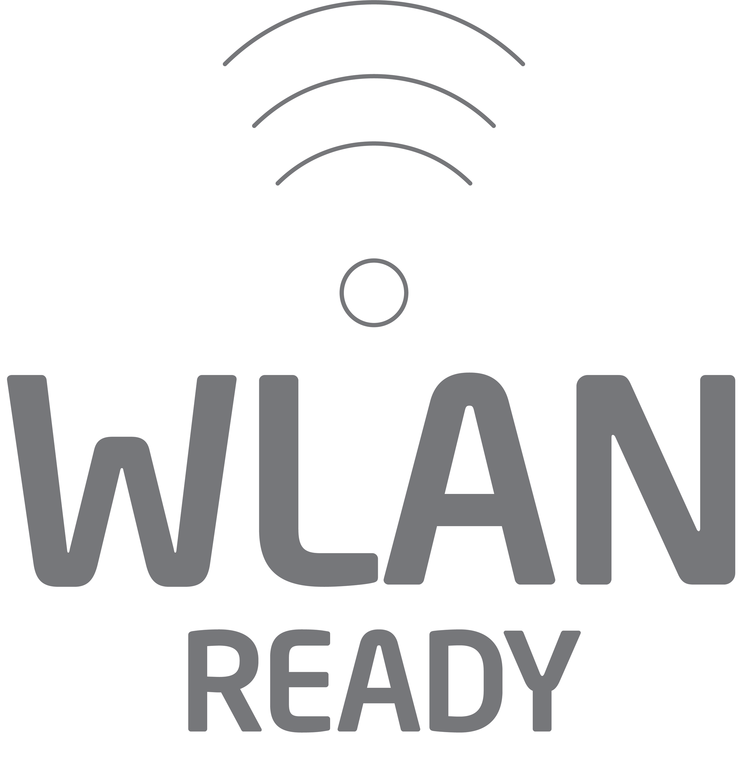 Un fond blanc avec le logo noir WLAN READY et un signal wifi.