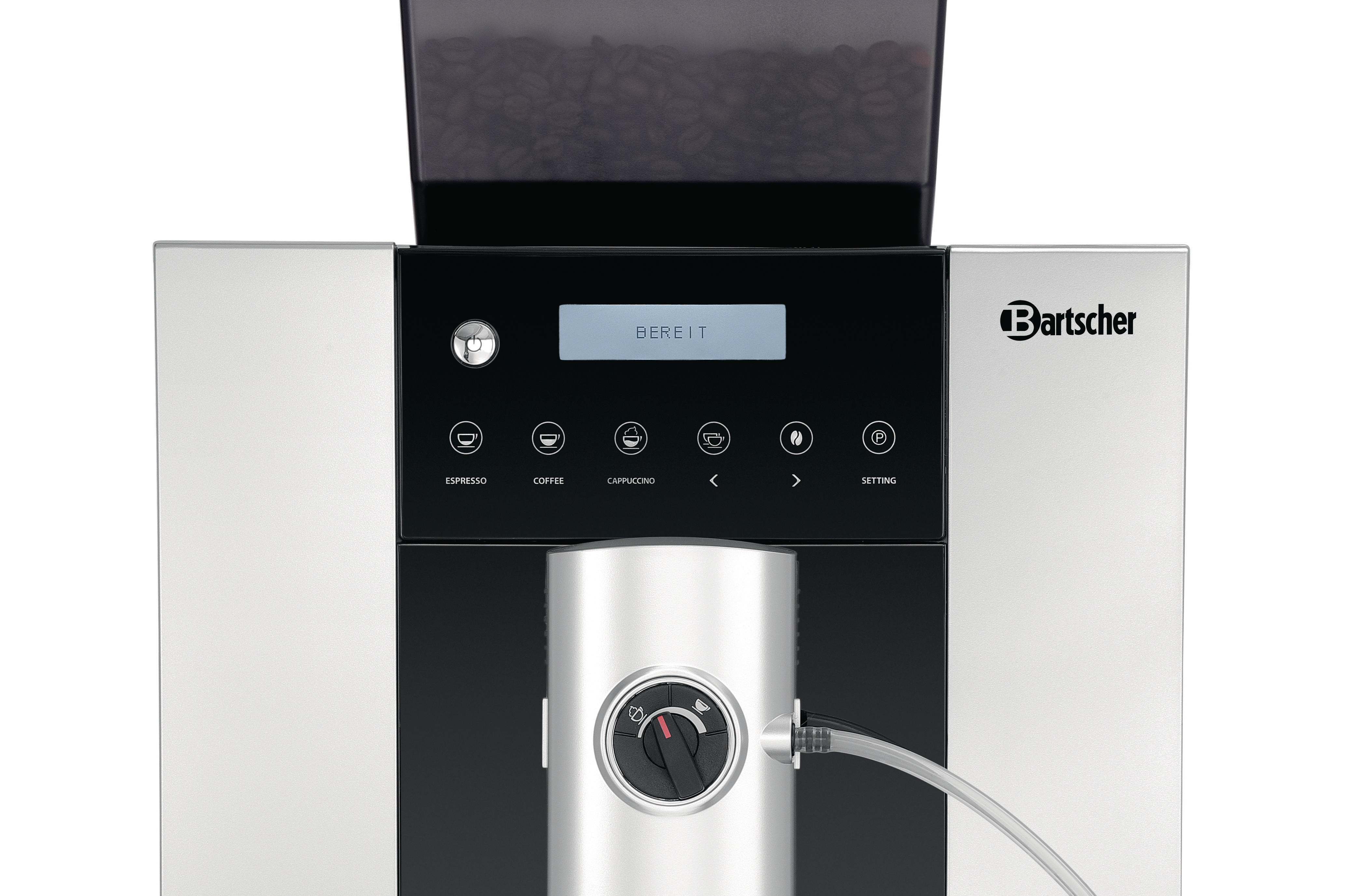 Eine Bartscher Gewerbe-Kaffeemaschine, silber und schwarz, mit Display und verschiedenen Funktionstasten.