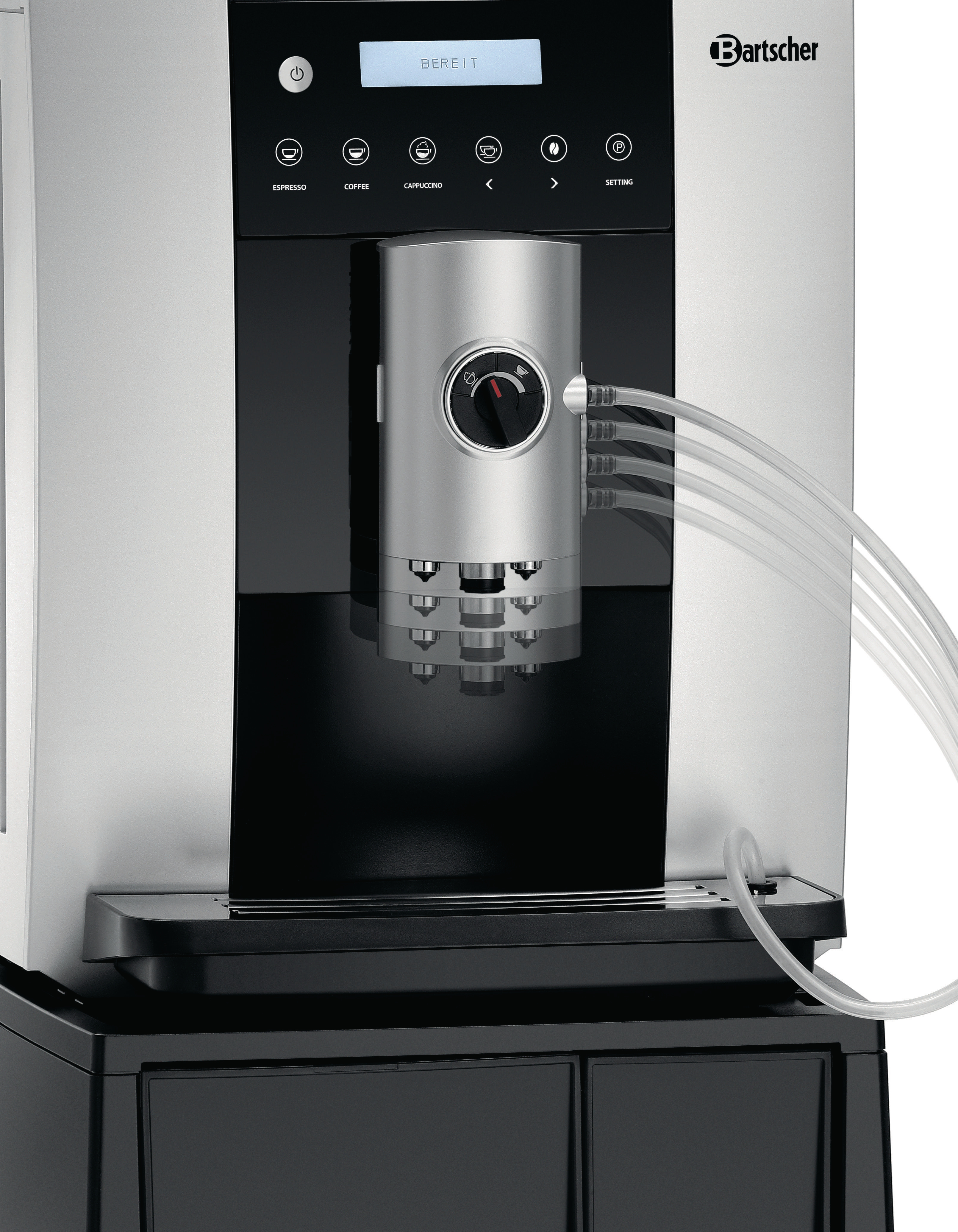 Eine Kaffeemaschine mit Digitalanzeige und einem Drehregler zur Steuerung der Stärke.