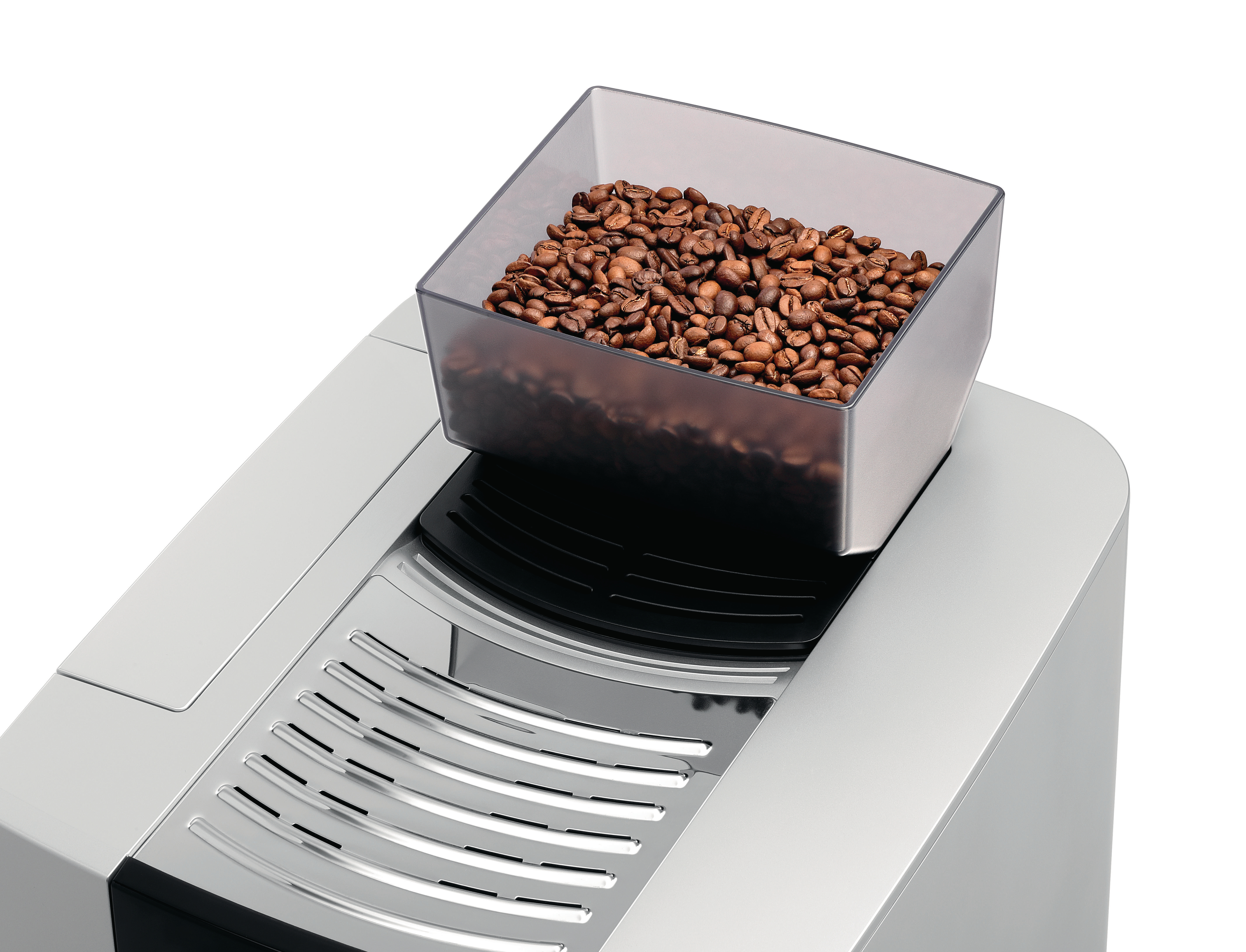 Kaffeemaschine mit Bohnen. Ein transparenter Behälter ist voll mit Kaffeebohnen.