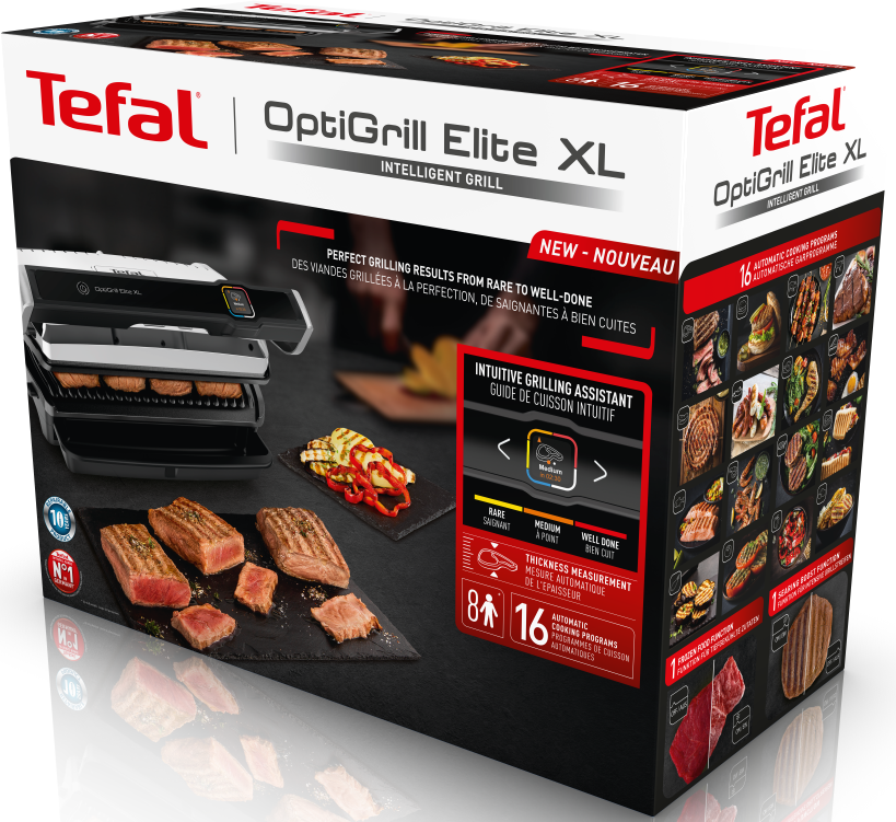 Una scatola Tefal OptiGrill Elite XL che mostra la griglia e il cibo con testo e immagini.