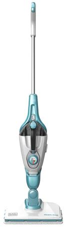 A teal and white steam mop upright cleaner, with a long handle and a rectangular cleaning head, white background.