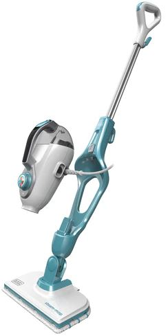 A white and teal steam mop, with a detachable steam cleaner, angled against a white background.