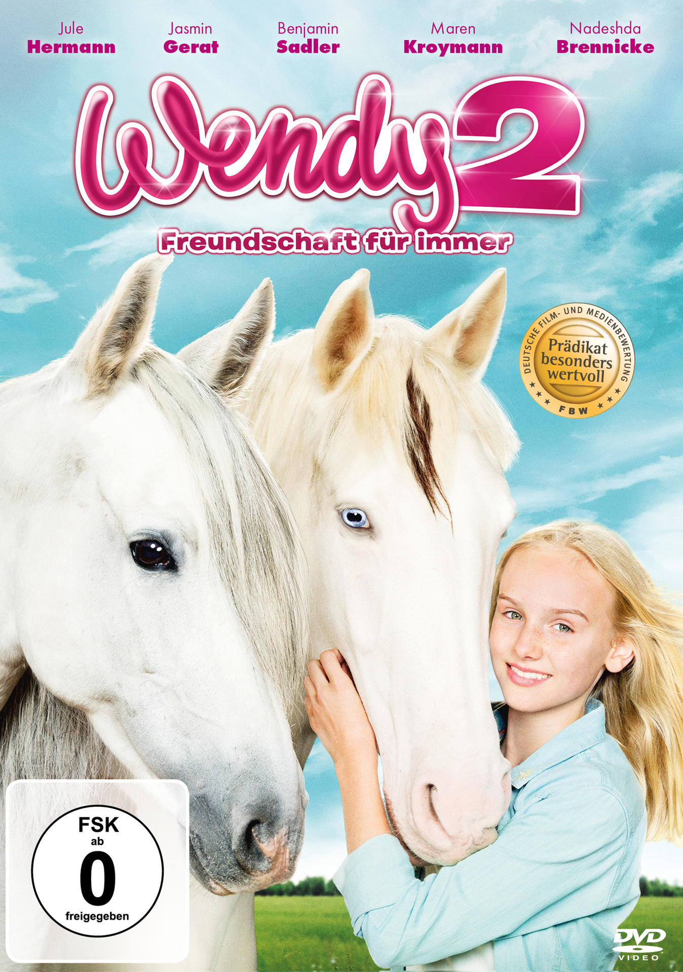 DVD-Cover. Ein Mädchen und zwei weiße Pferde. Text: "Wendy 2" und "Freundschaft für immer".
