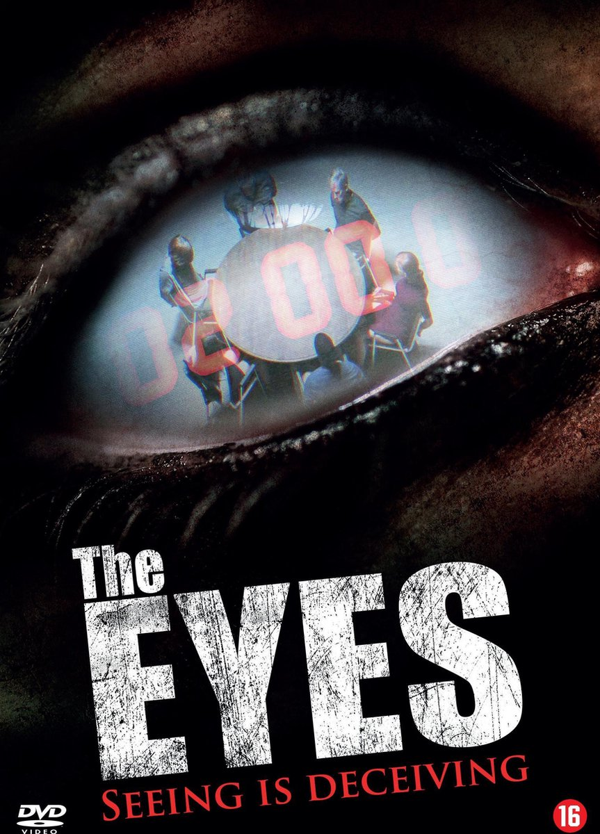 Affiche de film. Œil avec un écran dans la pupille montrant des personnes. Titre : THE EYES.