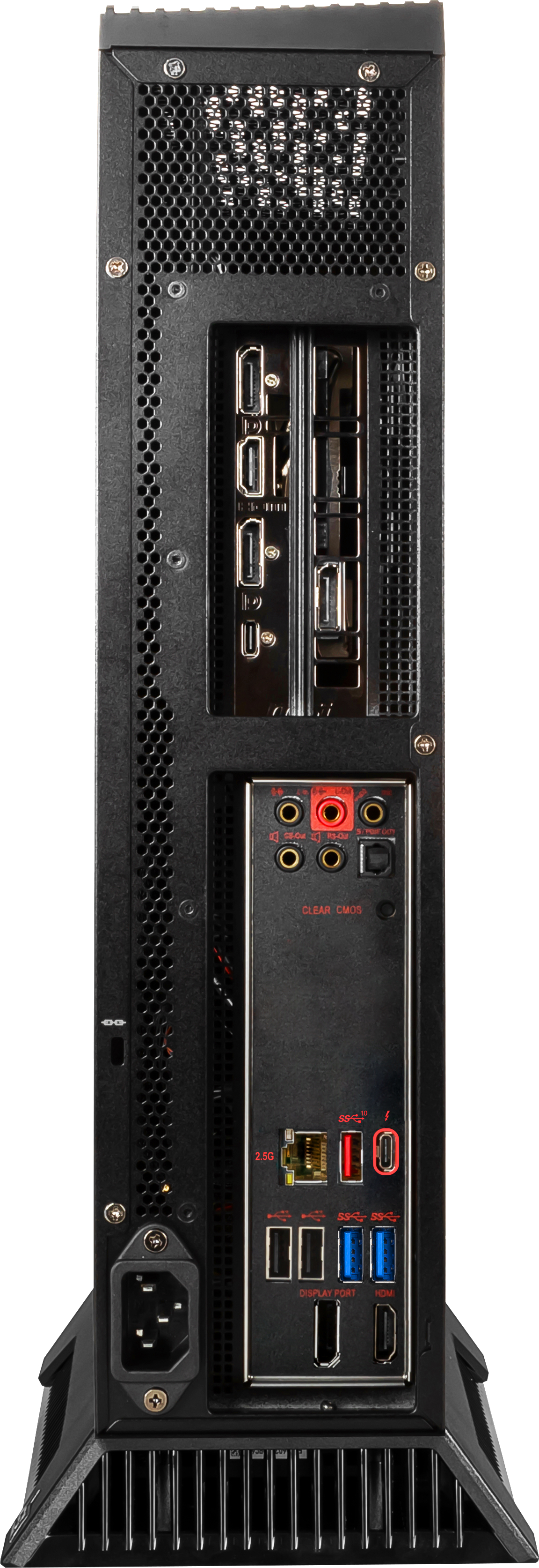 Schwarze Computergehäuse-Rückansicht. Anschlüsse, Lüfter und Steckdose sind sichtbar.