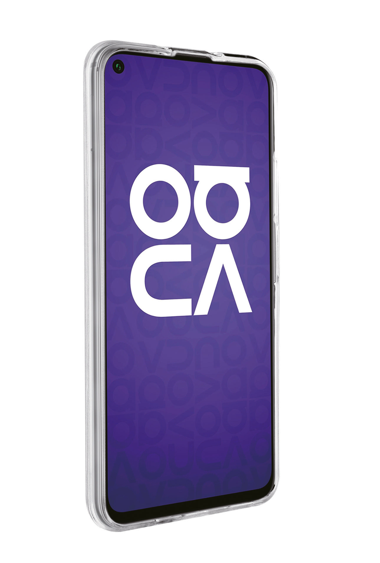 Eine transparente Handyhülle auf violettem Hintergrund mit weißem 'OCA'-Muster.