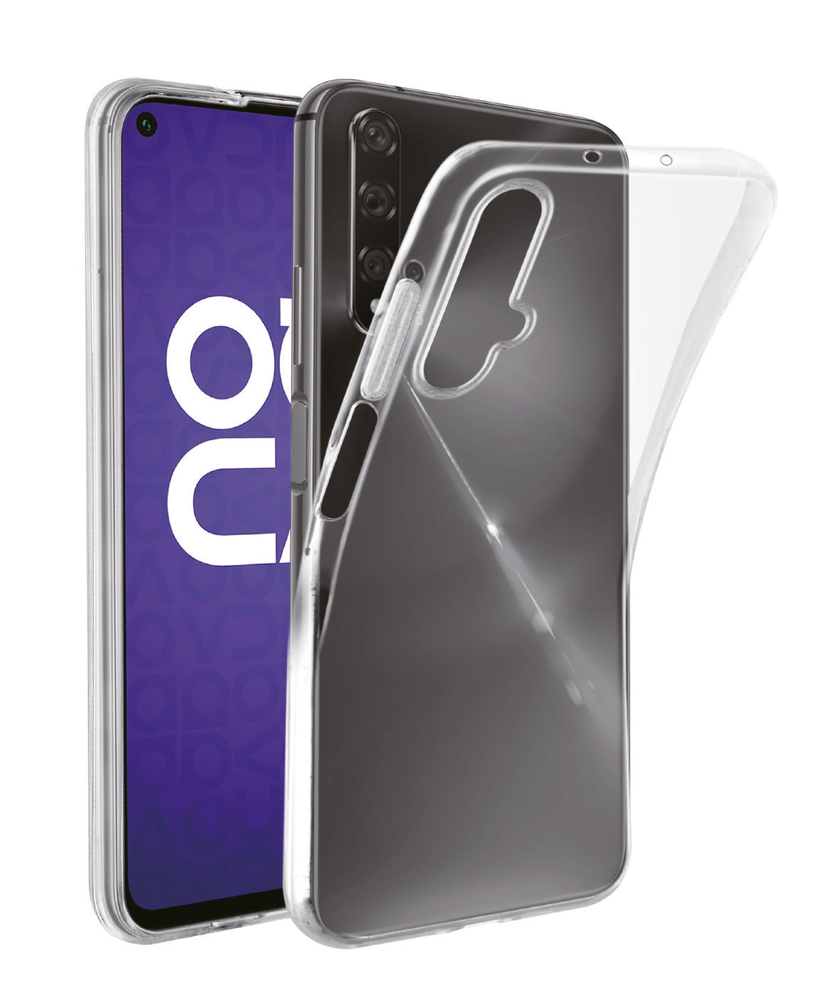 Transparente Handyhülle neben einem schwarzen Telefon mit großem Logo. Weißer HG.
