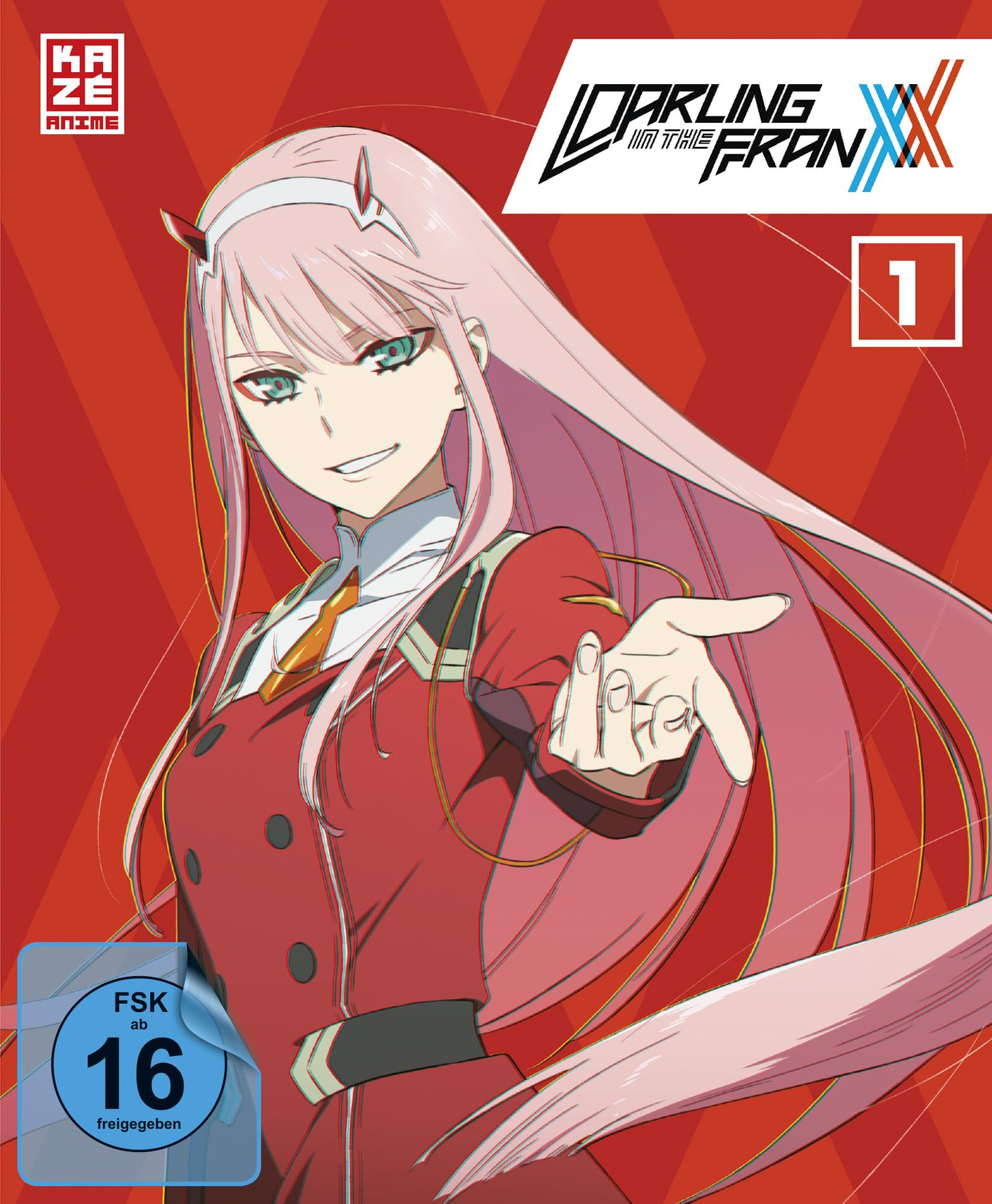 Anime-DVD-Cover von "Darling in the FranXX" mit einem Mädchen mit pinken Haaren und roter Uniform.