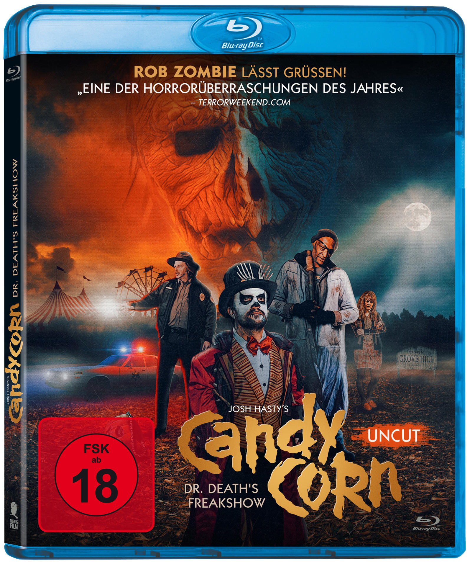 DVD-Cover von Candy Corn, mit einer Gruppe von Leuten vor einem gruseligen Hintergrund.