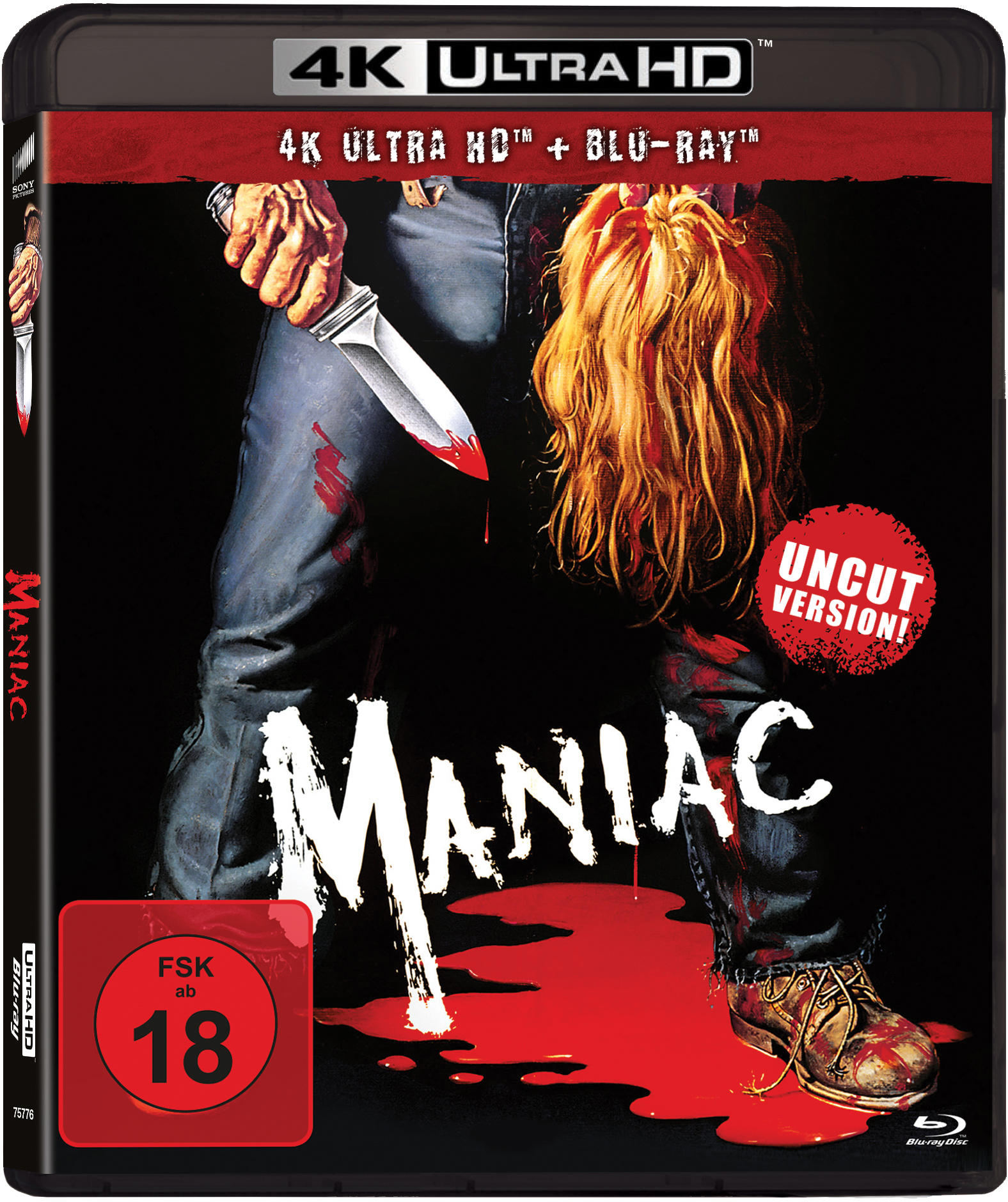 Filmcover für 'Maniac'. Zeigt einen Mann mit einem Messer und einem Kopf.