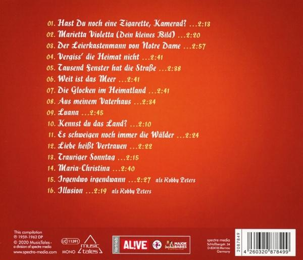 Rückseite eines Albums mit rotem Hintergrund und Trackliste.