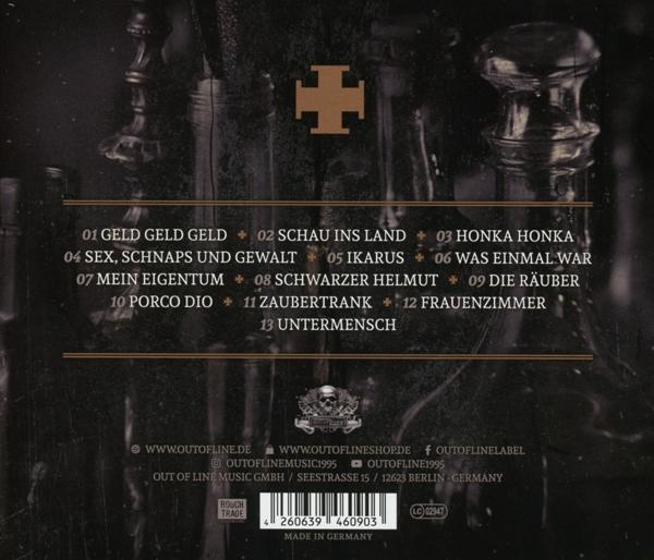 Rückseite einer CD mit Trackliste und einem schwarzen Kreuzsymbol.