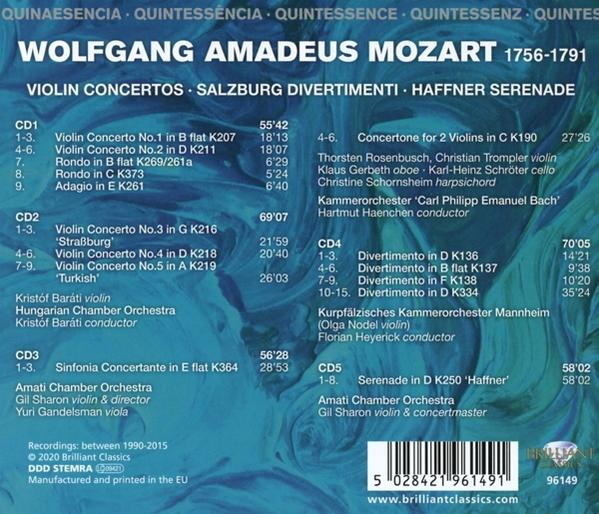 Rückseite einer CD-Hülle mit Titellisten für Wolfgang Amadeus Mozarts Violinkonzerte.