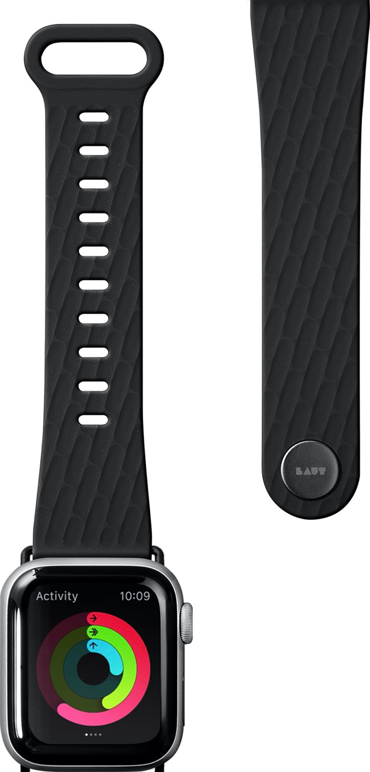 Schwarzes, strukturiertes Apple Watch-Armband, das mit einer silbernen Uhr verbunden ist, mit Aktivitätsringen sichtbar.