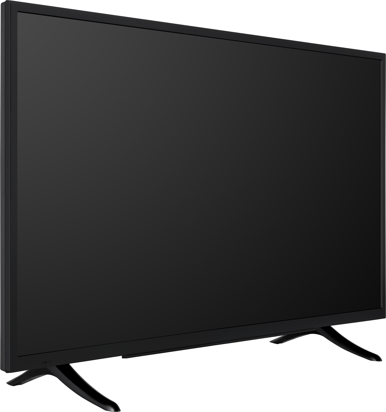 Een zijaanzicht van een zwarte flatscreen tv, met een zwart frame en standaard. Het scherm is leeg.