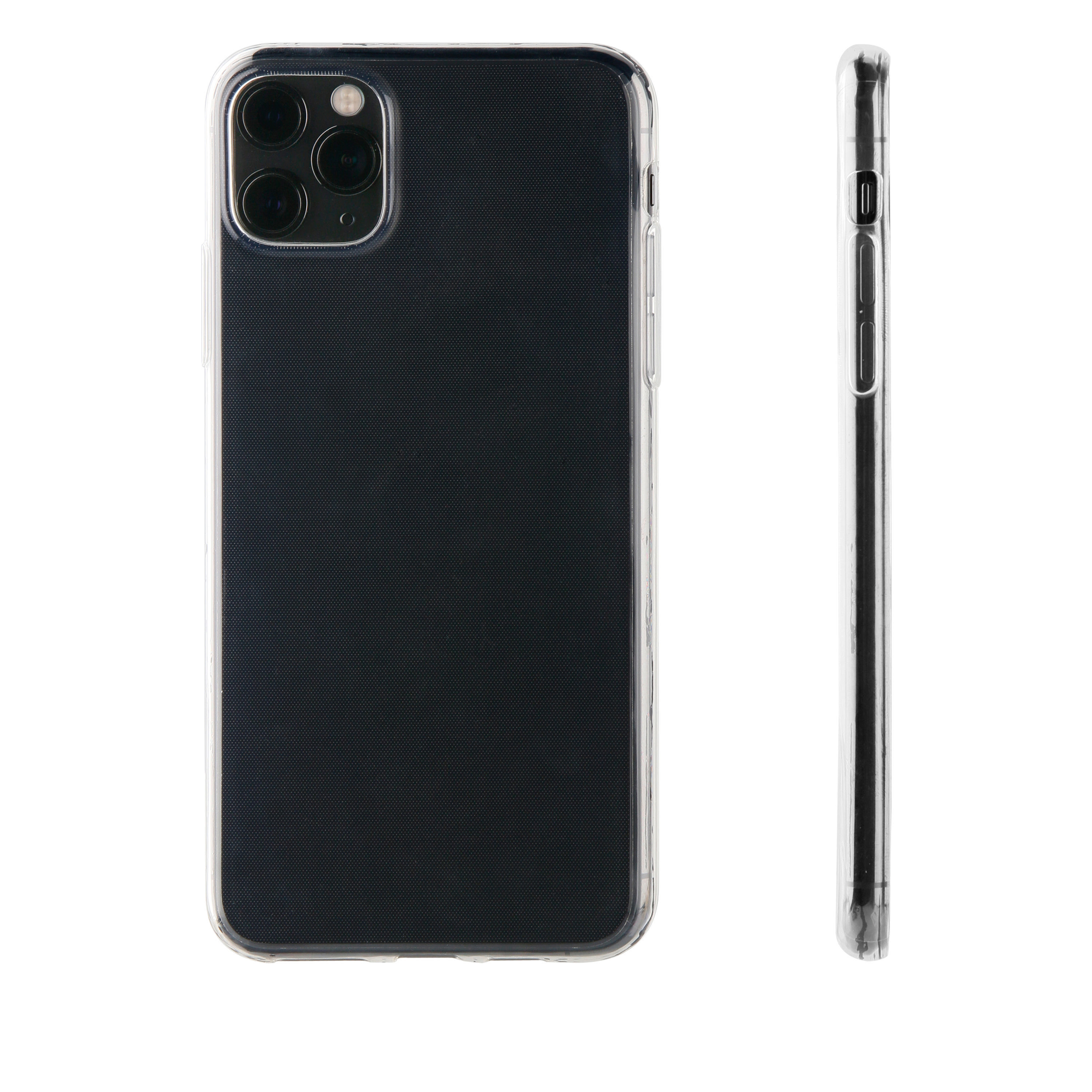 Ein Telefon mit schwarzer Hülle, mit durchsichtigem Rücken und transparenten Seiten, auf weißer Oberfläche.