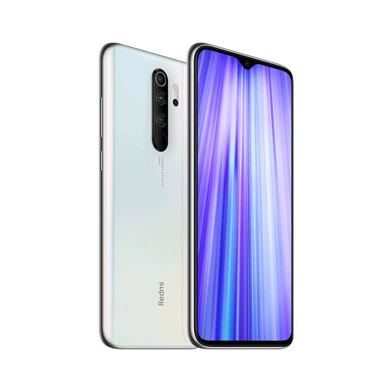 Smartphone blanco y plateado con múltiples cámaras en la parte trasera y una pantalla que muestra un patrón púrpura.