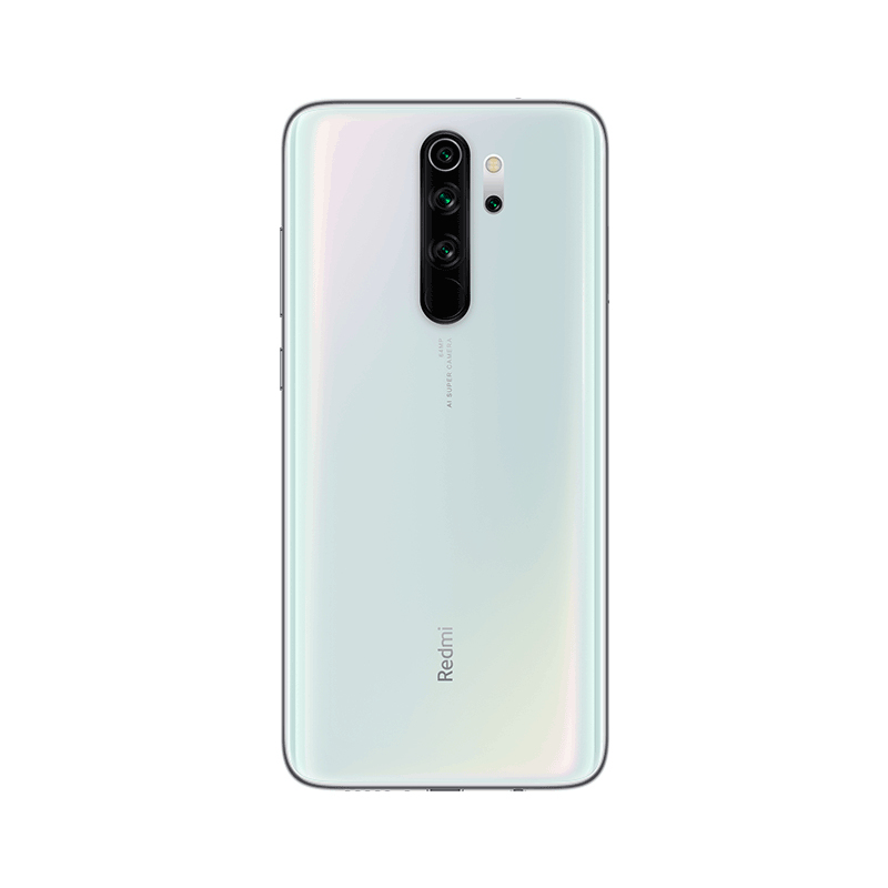 Parte trasera de un smartphone blanco con triple cámara y el logo de Redmi.
