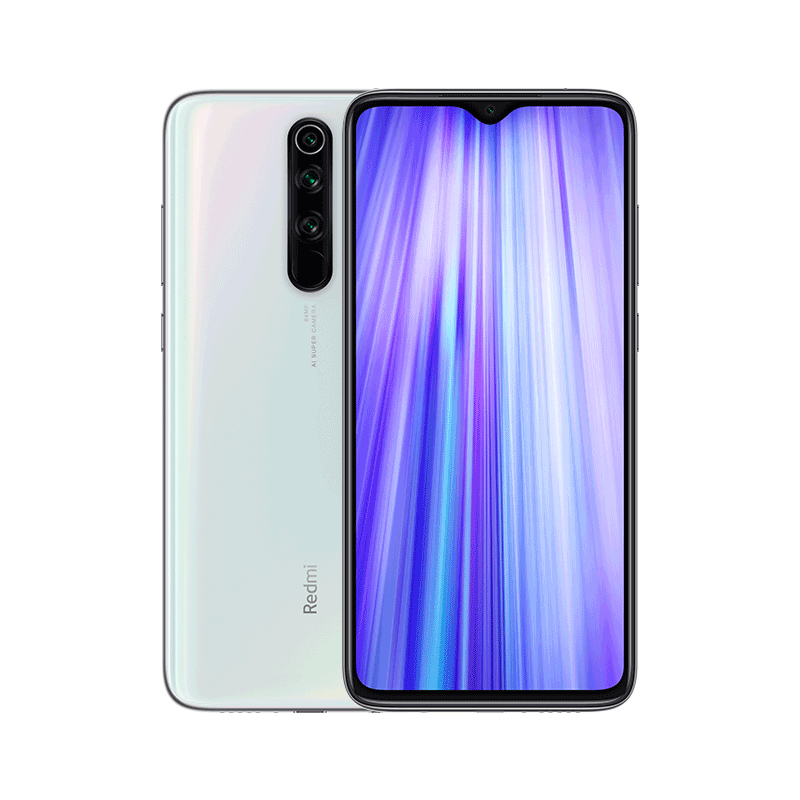 Smartphone blanco, vista trasera y frontal. Triple cámara trasera, pantalla frontal.