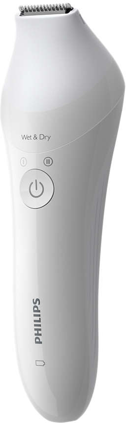 Rasoio elettrico Philips Wet & Dry bianco. Ha un pulsante di accensione e due impostazioni di velocità.