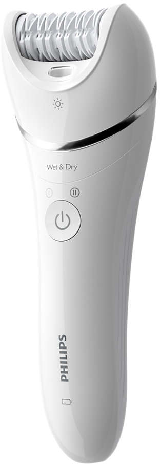 Epilatore Philips bianco. Ha un'impugnatura curva e una testina rotante. Visibile l'etichetta Wet & Dry.