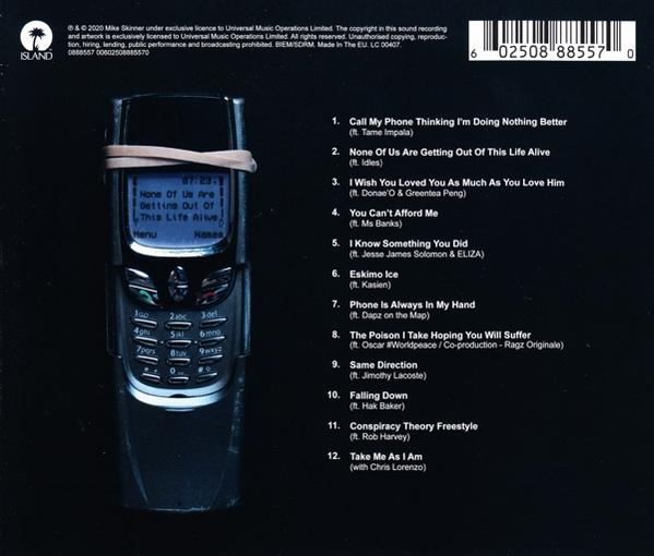 Zwarte cd-hoes met een telefoondesign en songtitels.