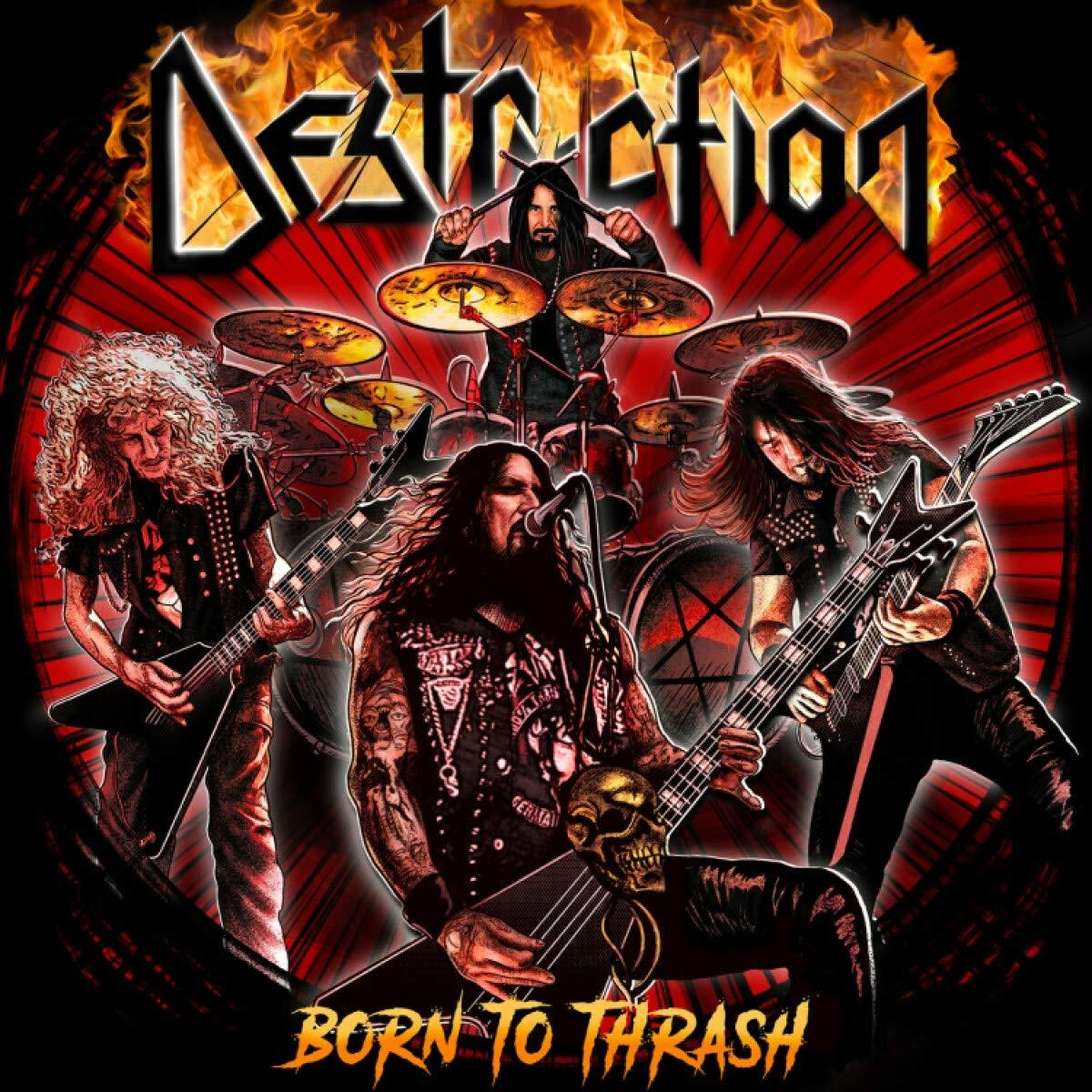 Albumcover der Band Destruction mit fünf Bandmitgliedern und dem Text 'Born To Thrash'.
