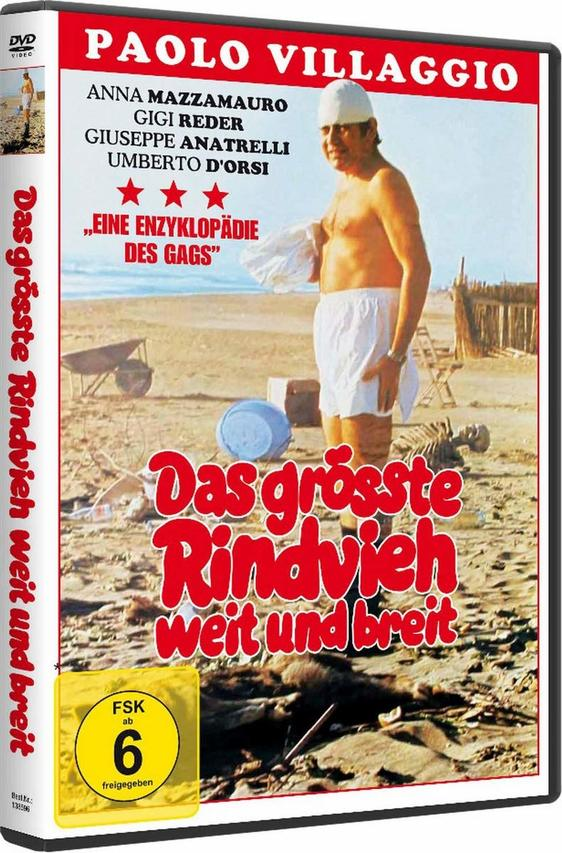 DVD-Cover. Mann in Badehose am Strand. Text: "Das grösste Rindvieh weit und breit".
