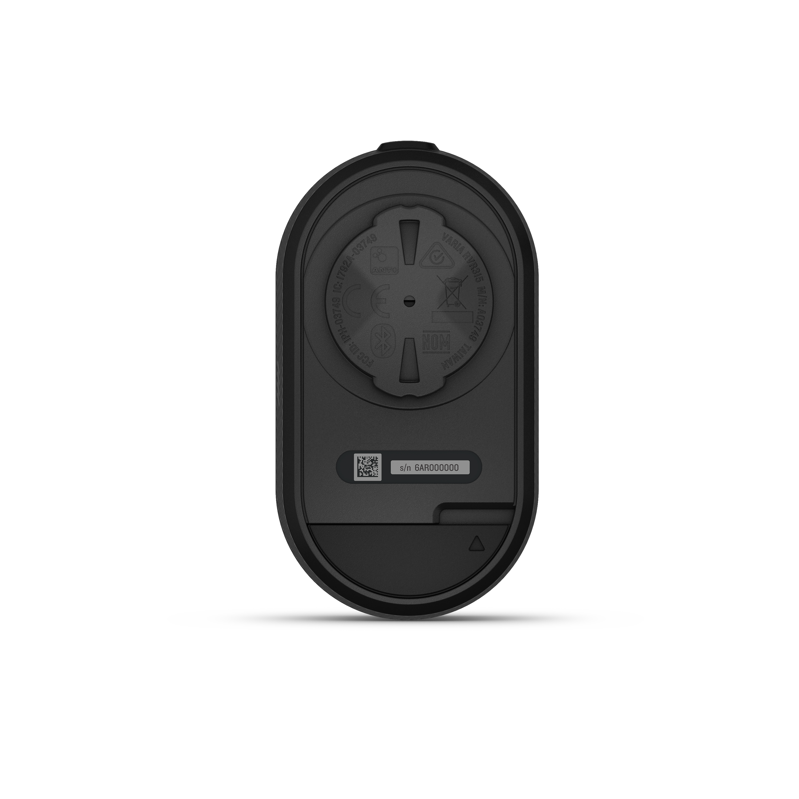 Ein schwarzes Garmin-Gerät, Rückansicht, mit Details wie Seriennummer und QR-Code.