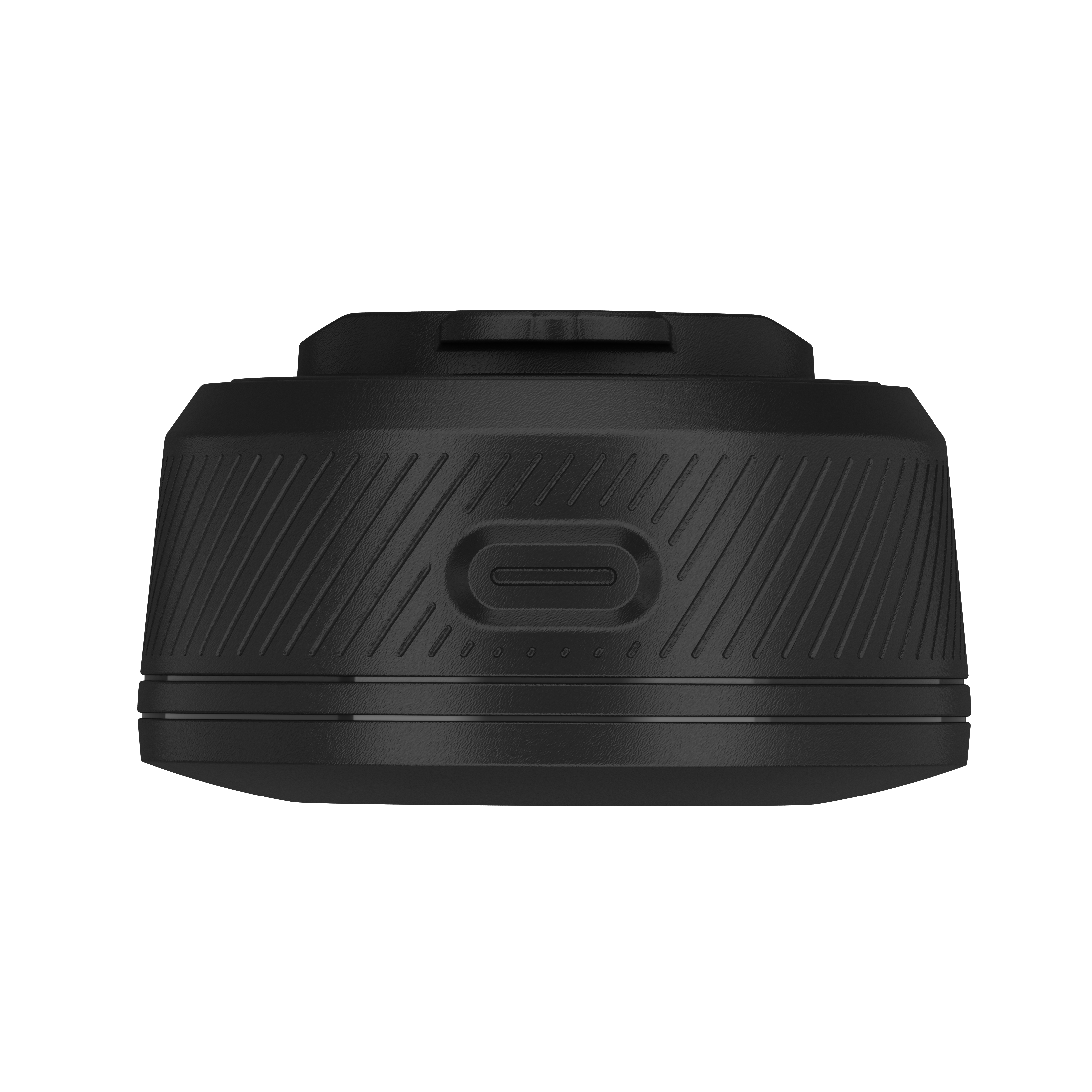 Ein schwarzes Gerät mit einer kreisförmigen Aussparung und einem USB-C-Anschluss, vor weißem Hintergrund.