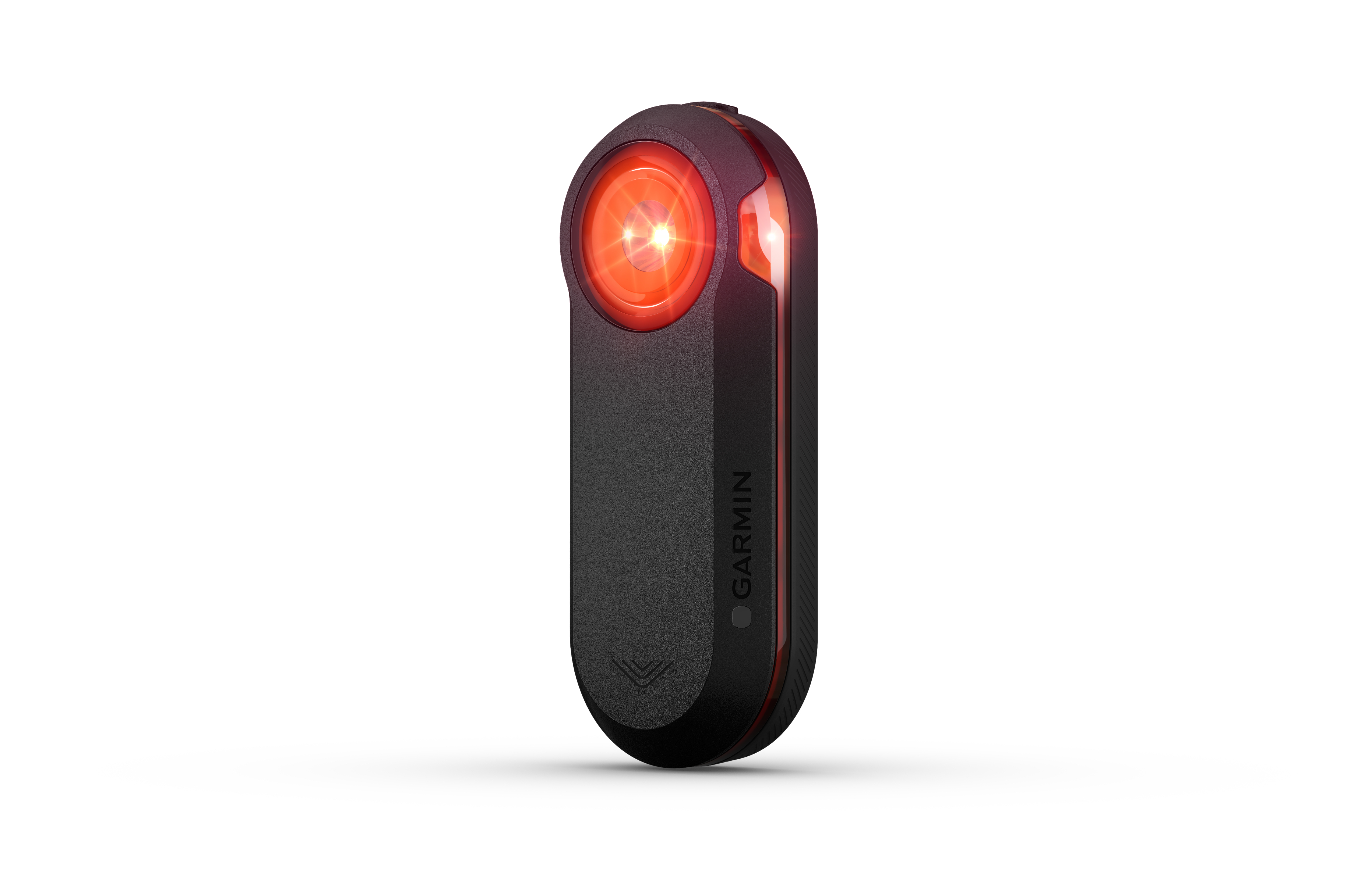 Ein schwarzes und rotes Garmin Fahrradlicht. Das Licht ist an und leuchtet rot.