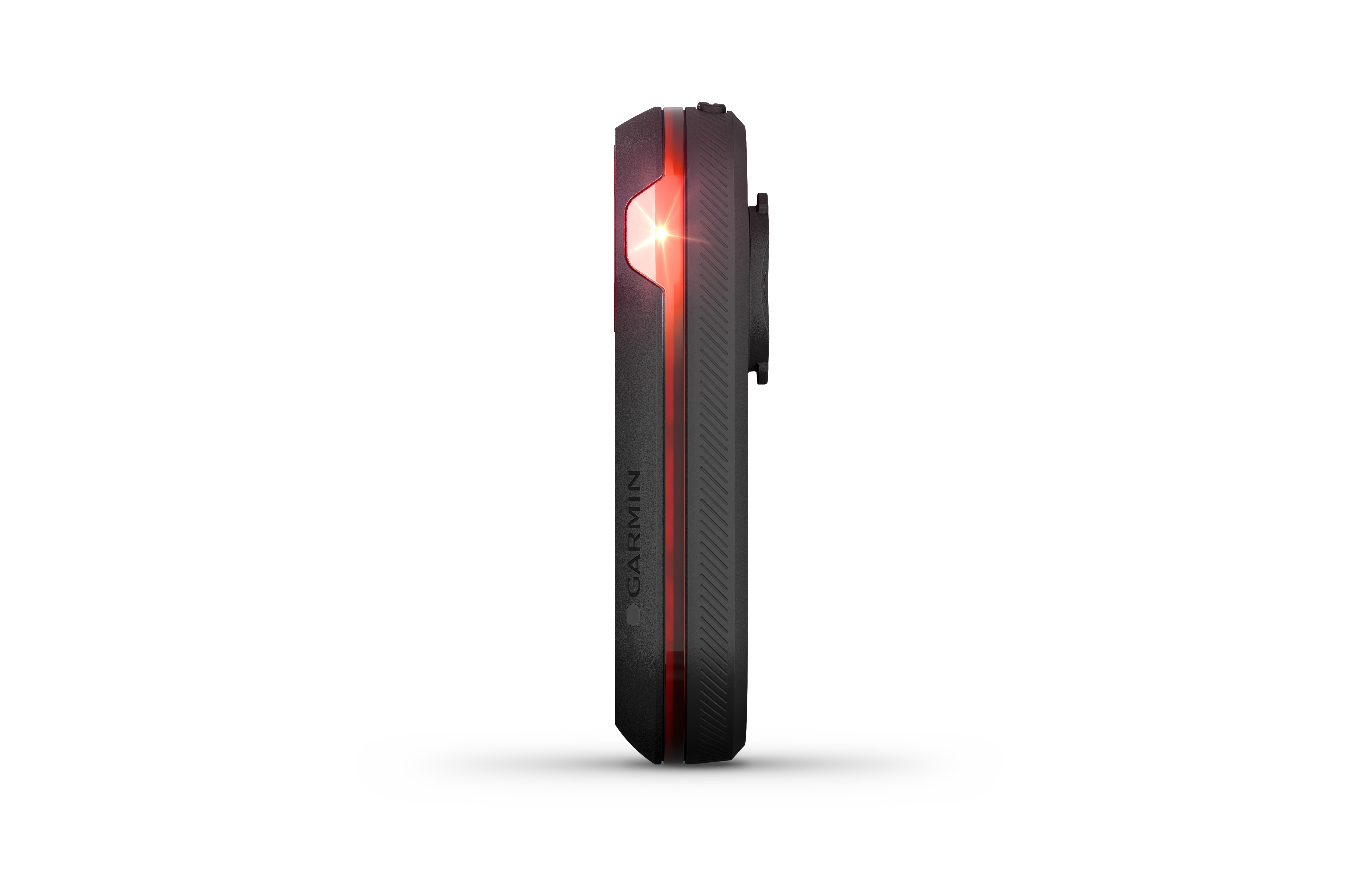 Schwarzes und rotes Fahrradlicht mit rotem Licht. Weißer Hintergrund.