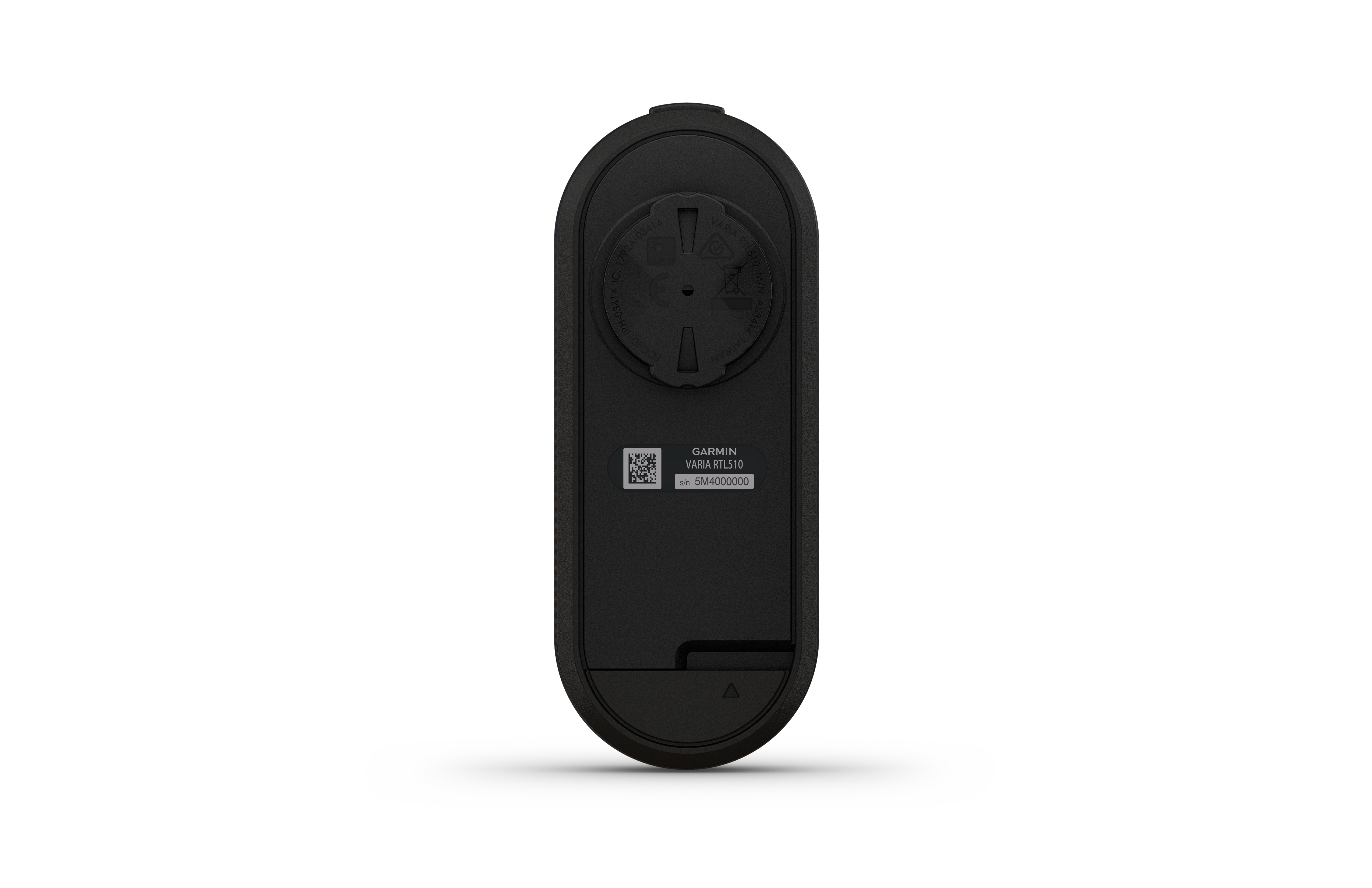 Schwarzes Garmin-Gerät mit QR-Code und Garmin ARA KRM16-Etikett. Es hat eine Dreiecktaste.