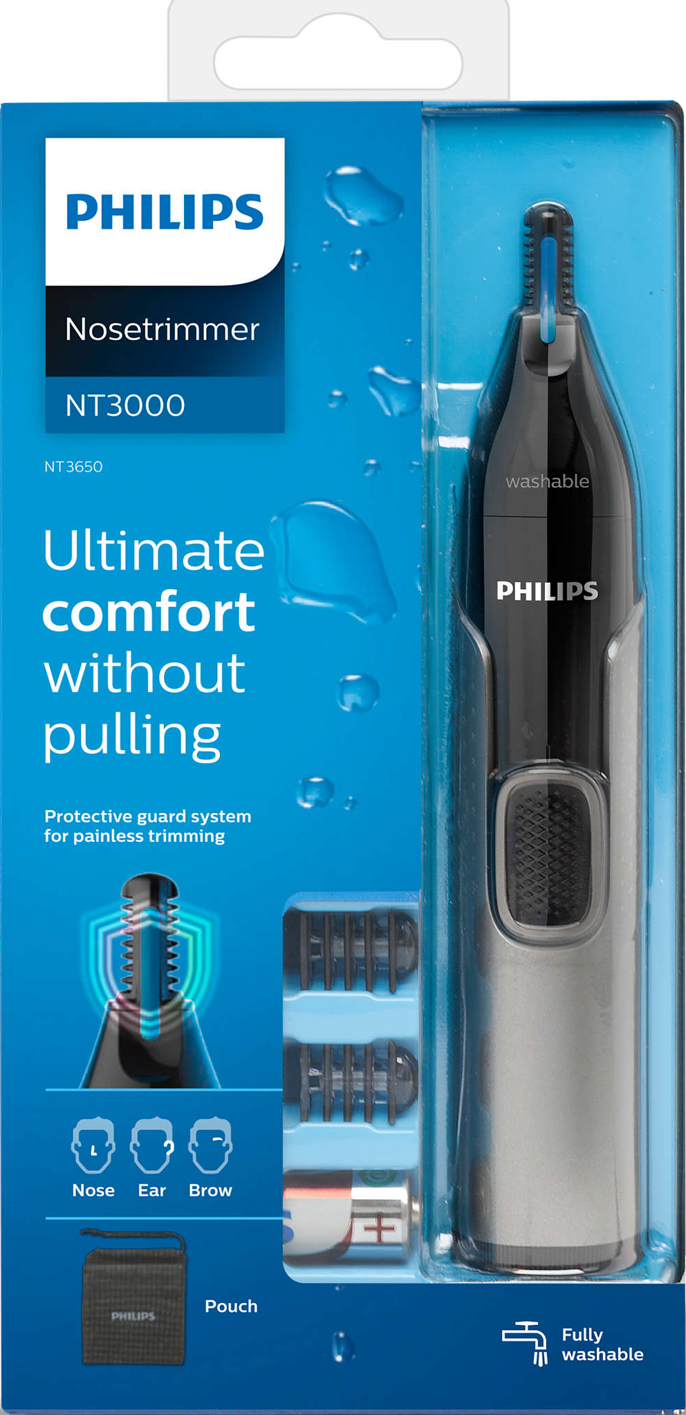 Philips Nasenhaartrimmer in der Verpackung. Es hat ein schwarz-silbernes Design mit blauem Detail.