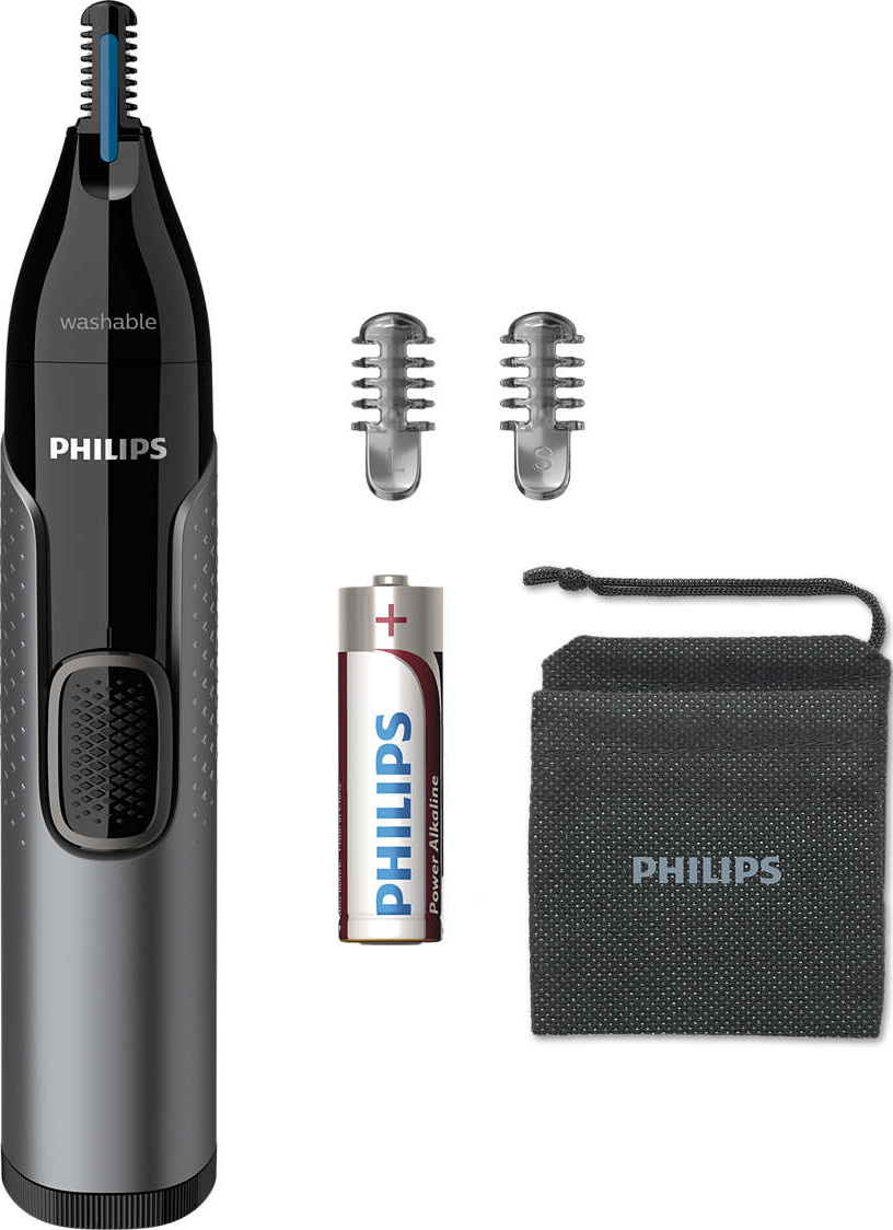 Nasenhaartrimmer mit Zubehör, Batterie und Beutel.
