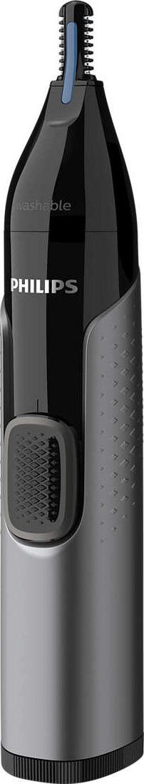 Ein schwarz-grauer Philips Nasenhaartrimmer. Er hat ein waschbares Etikett und ein blaues Trimm-Element.