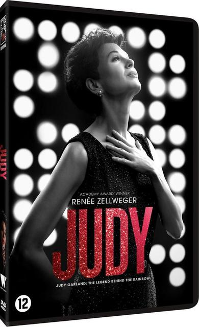 DVD-hoes voor 'Judy' met Renée Zellweger, met een zwart-witte achtergrond met lichten.