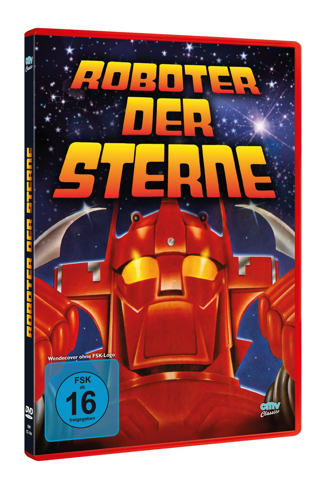 DVD-Cover für 'Roboter Der Sterne' mit rotem Roboter und Sternenhintergrund. Deutscher Text.