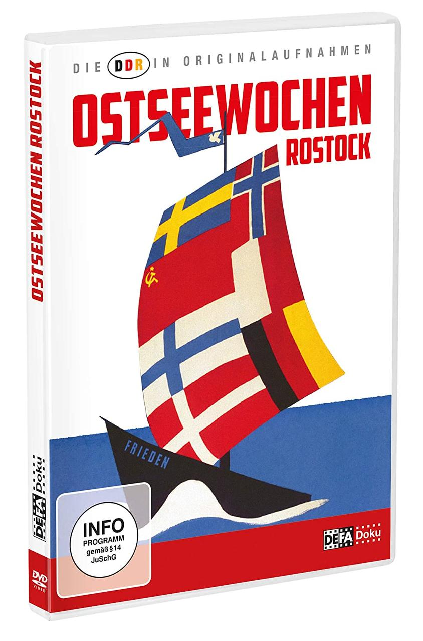 DVD-Hülle mit Retro-Design eines Segelboots und Flaggen, Werbung für Ostseewochen Rostock.